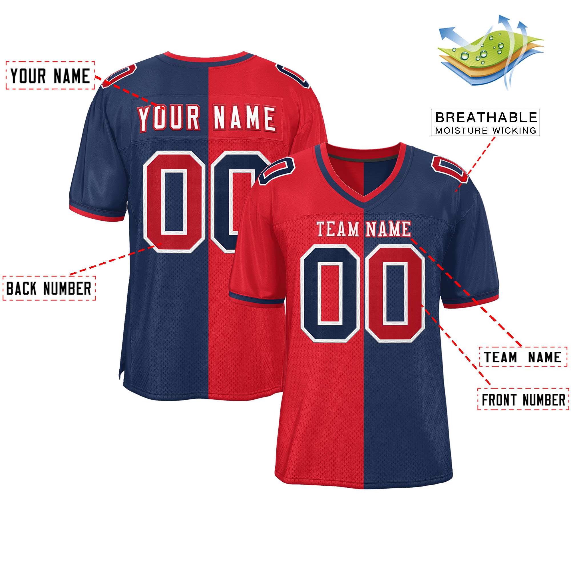 Custom Red Navy Personalized Split Two Tone Design Authentic Football Jersey