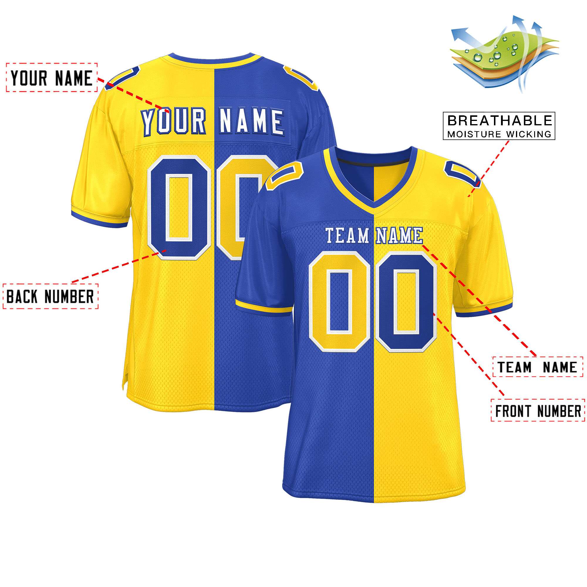 Custom Royal Gold Personalized Split Two Tone Design Authentic Football Jersey