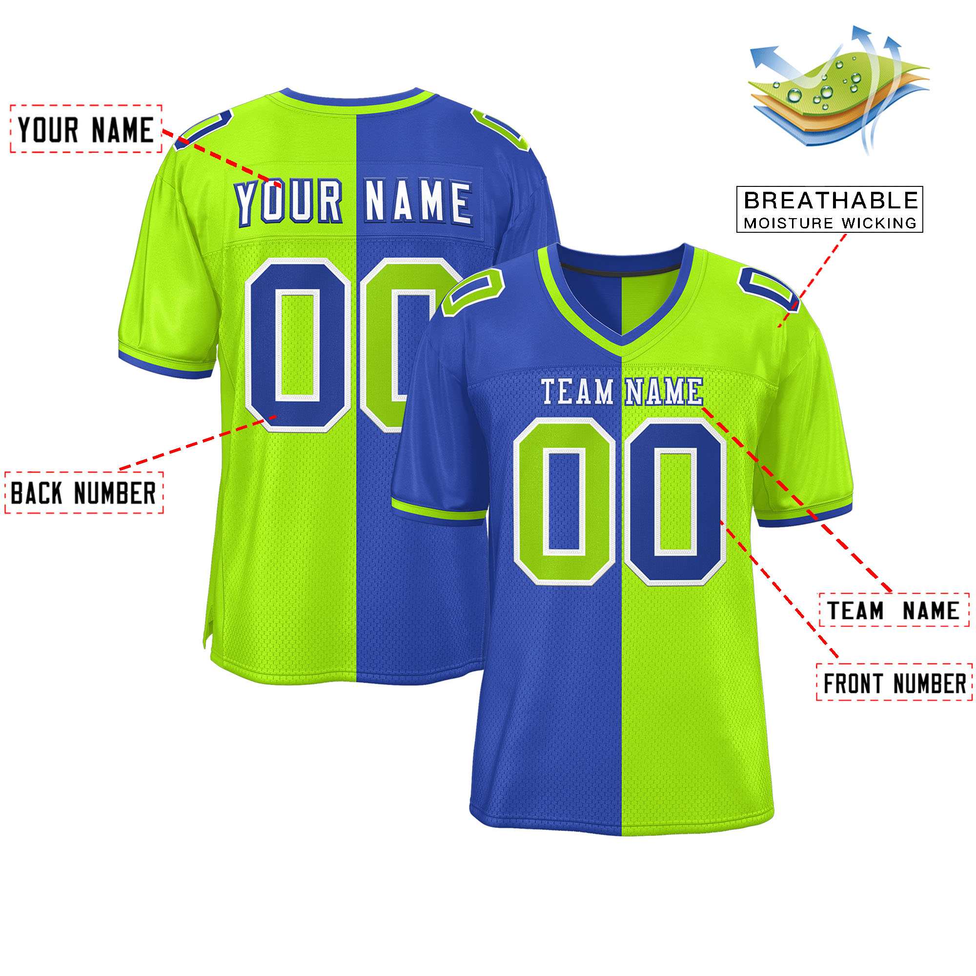 Custom Royal Neon Green Personalized Split Two Tone Design Authentic Football Jersey