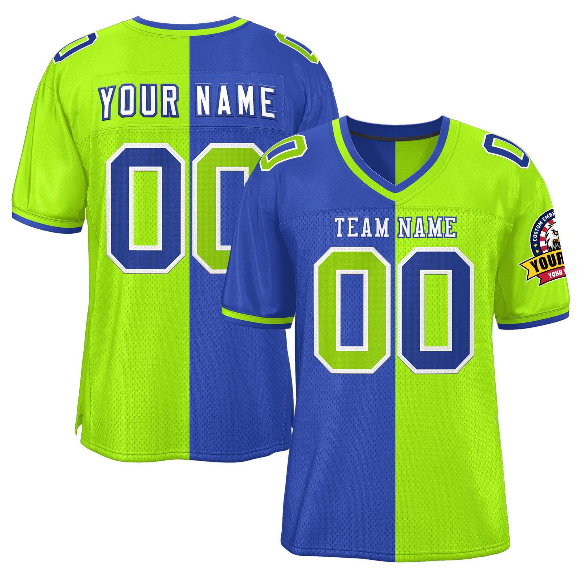 Custom Royal Neon Green Personalized Split Two Tone Design Authentic Football Jersey