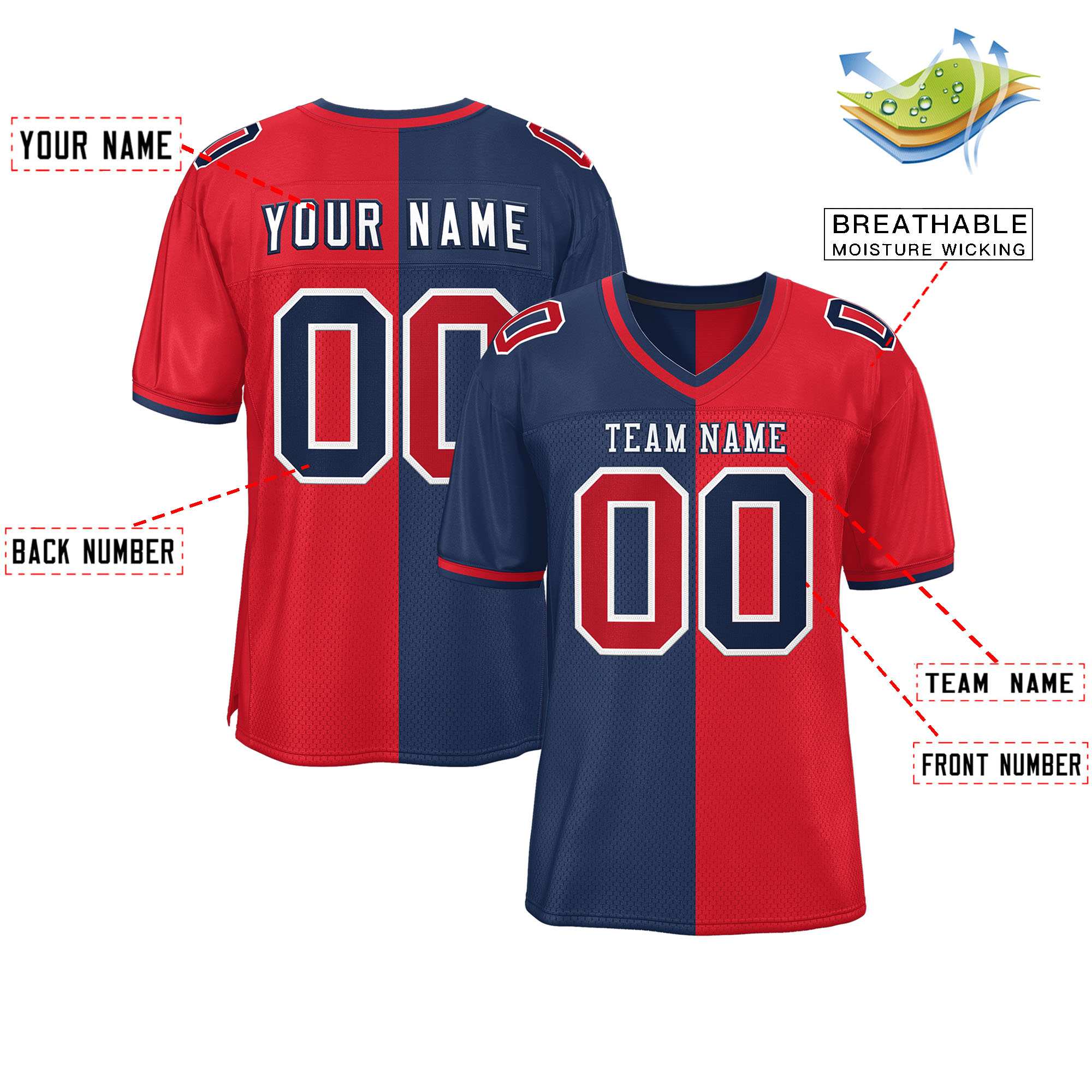 Custom Navy Red Personalized Split Two Tone Design Authentic Football Jersey