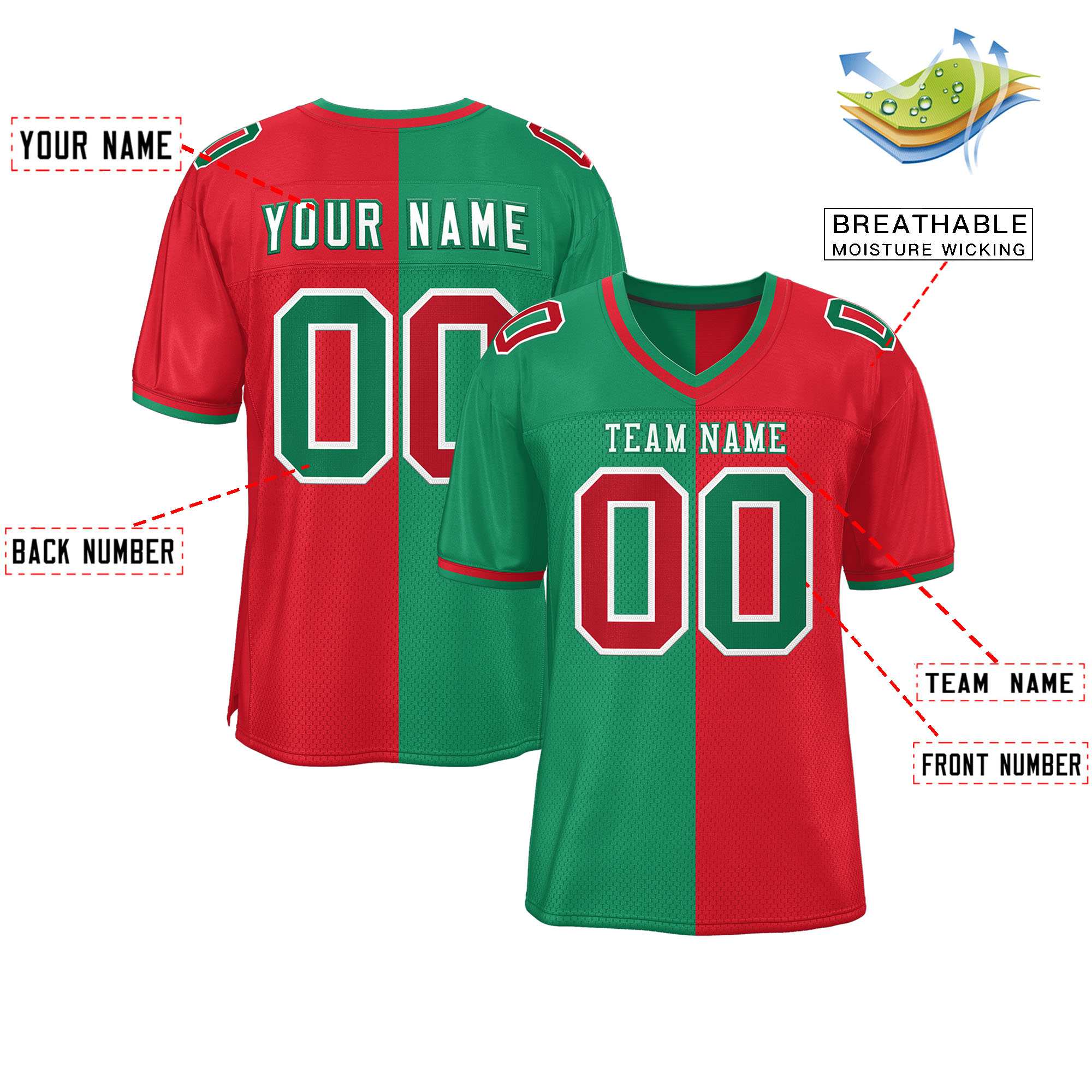 Custom Kelly Green Red Personalized Split Two Tone Design Authentic Football Jersey