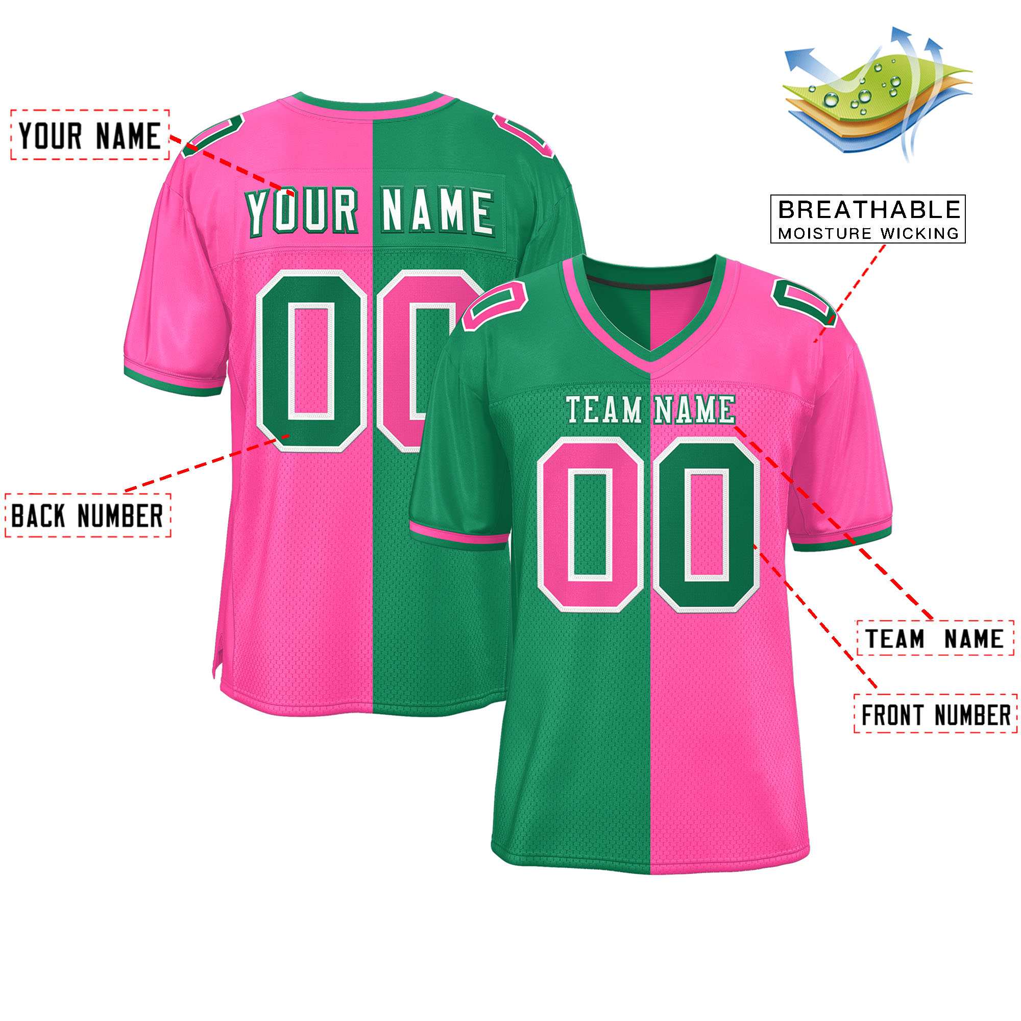 Custom Kelly Green Pink Personalized Split Two Tone Design Authentic Football Jersey