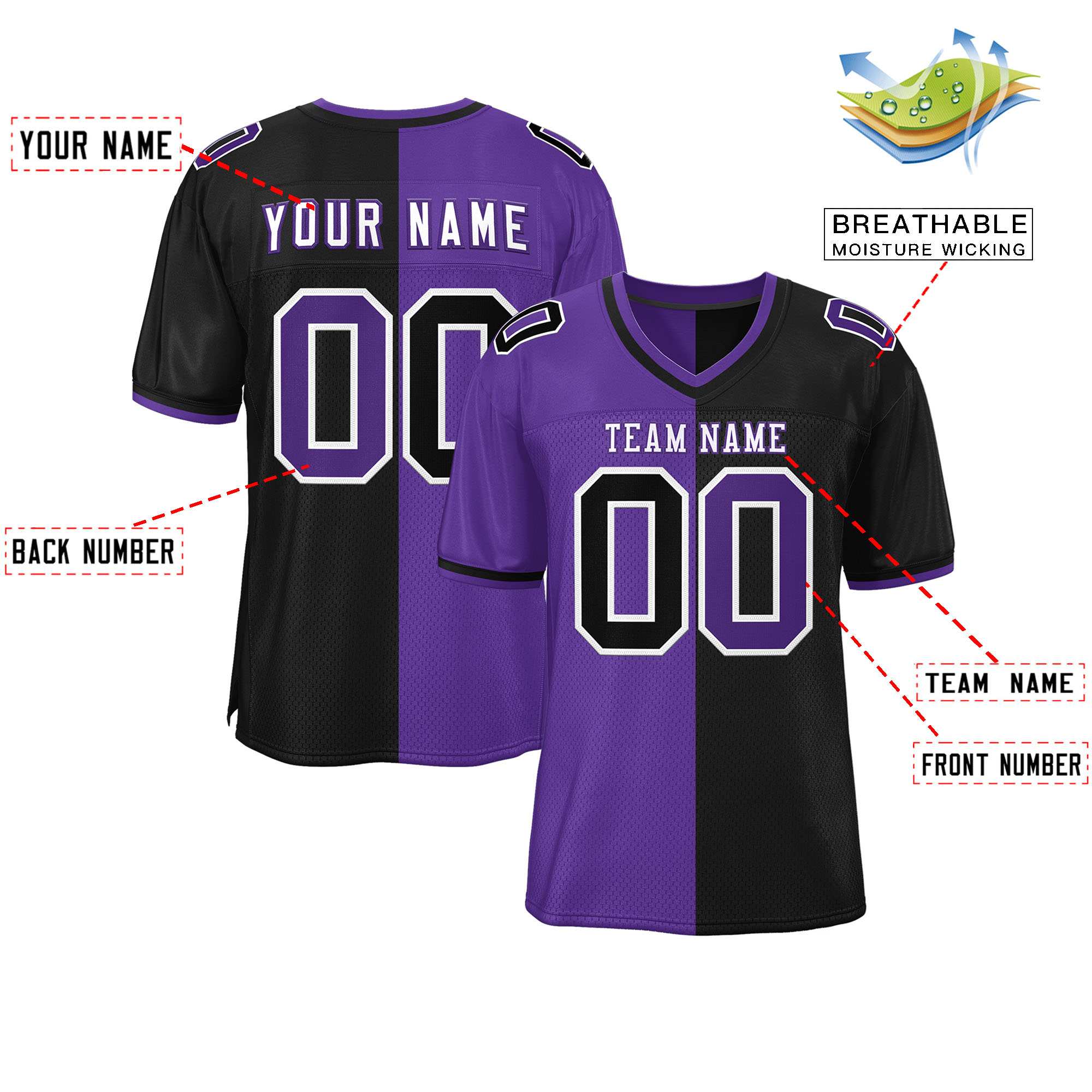 Custom Purple Black Personalized Split Two Tone Design Authentic Football Jersey