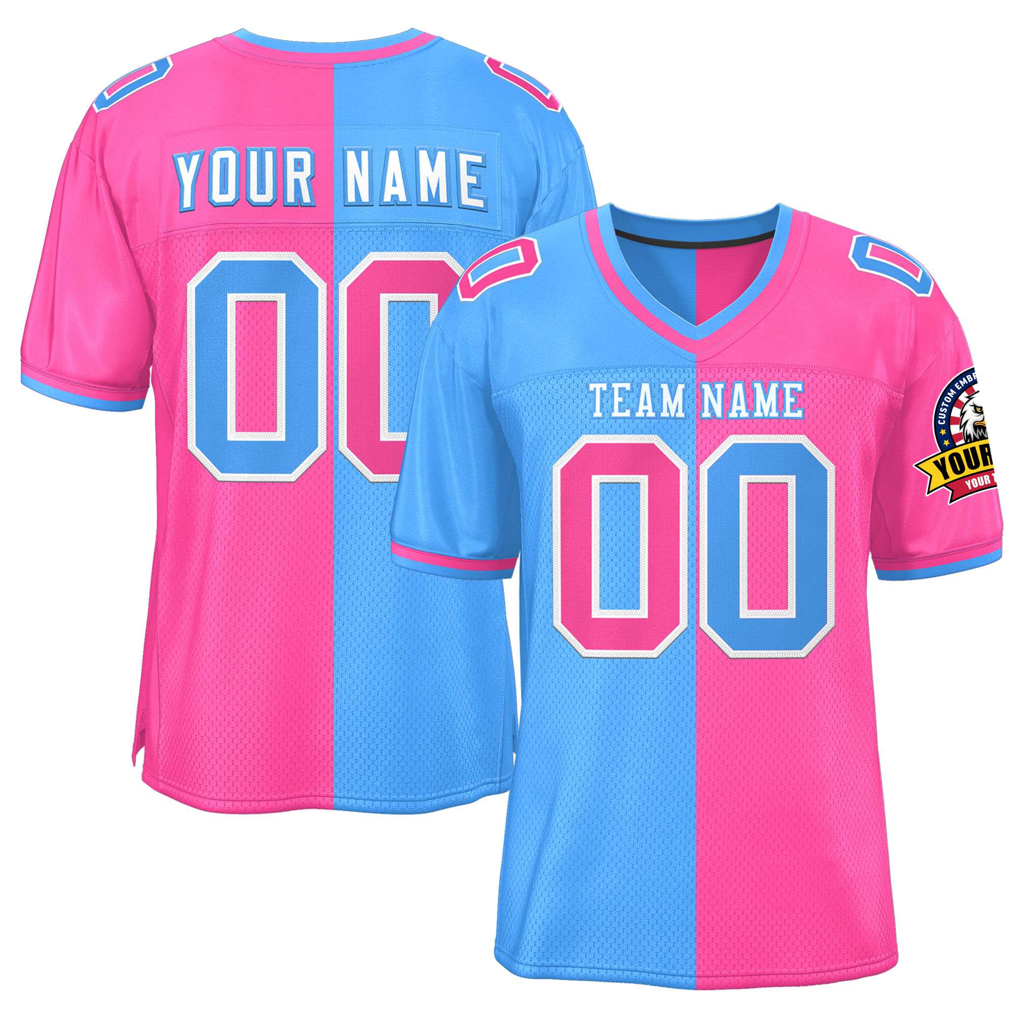 Custom Powder Blue Pink Personalized Split Two Tone Design Authentic Football Jersey