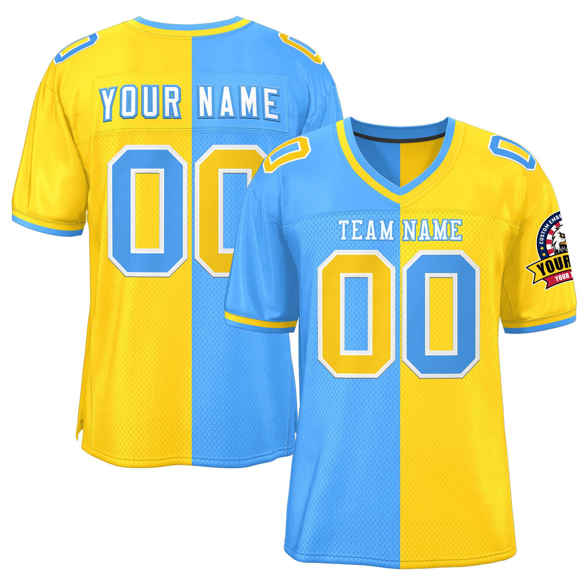 Custom Powder Blue Gold Personalized Split Two Tone Design Authentic Football Jersey