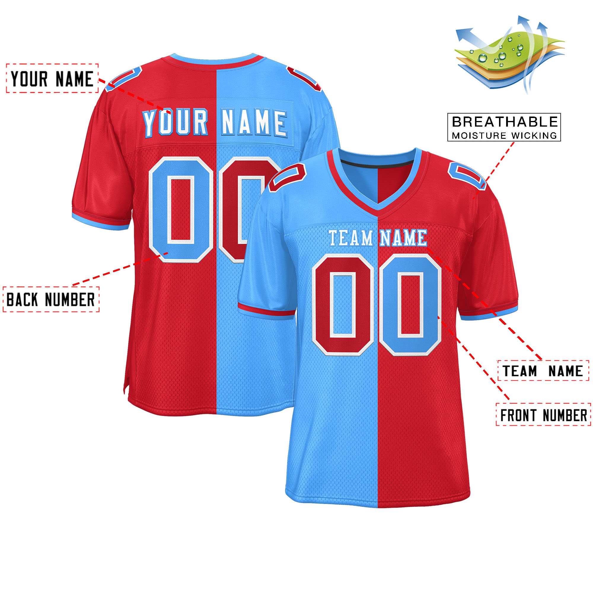 Custom Powder Blue Red Personalized Split Two Tone Design Authentic Football Jersey