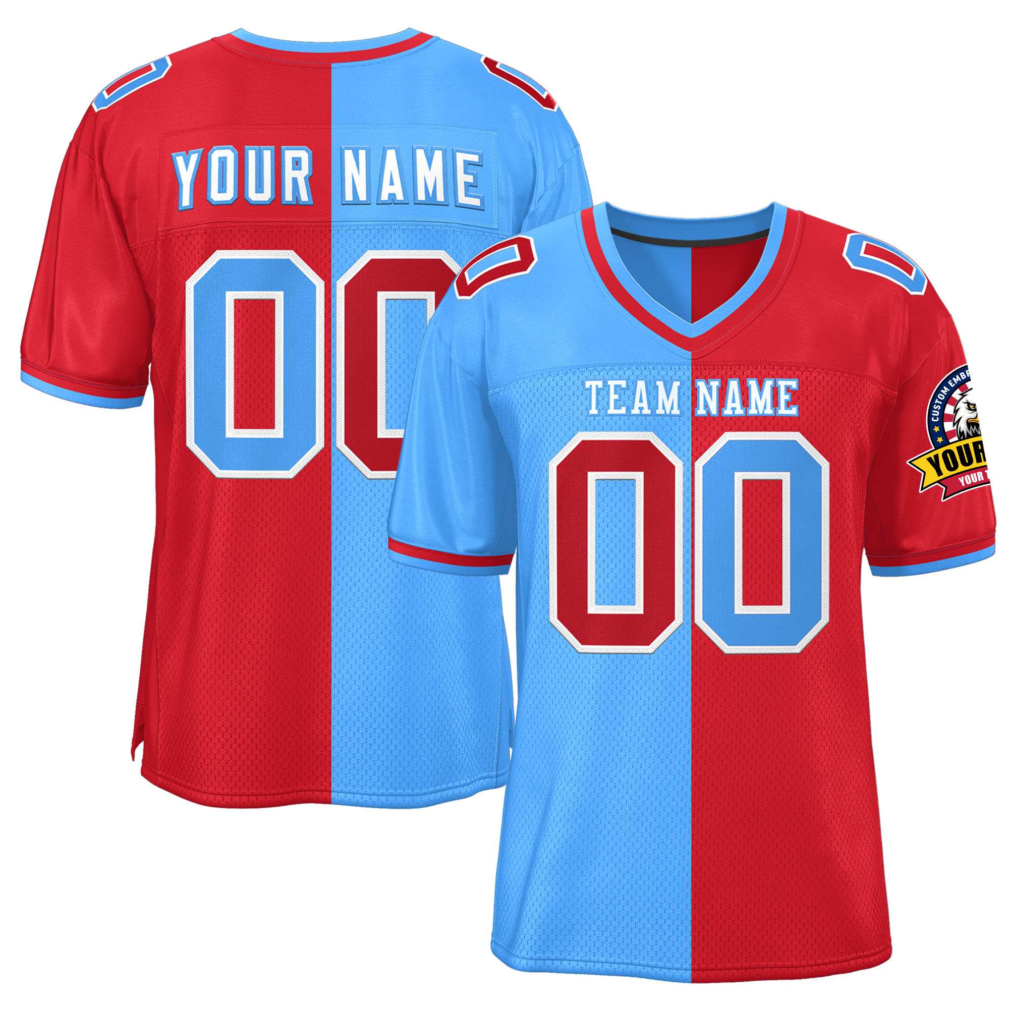 Custom Powder Blue Red Personalized Split Two Tone Design Authentic Football Jersey