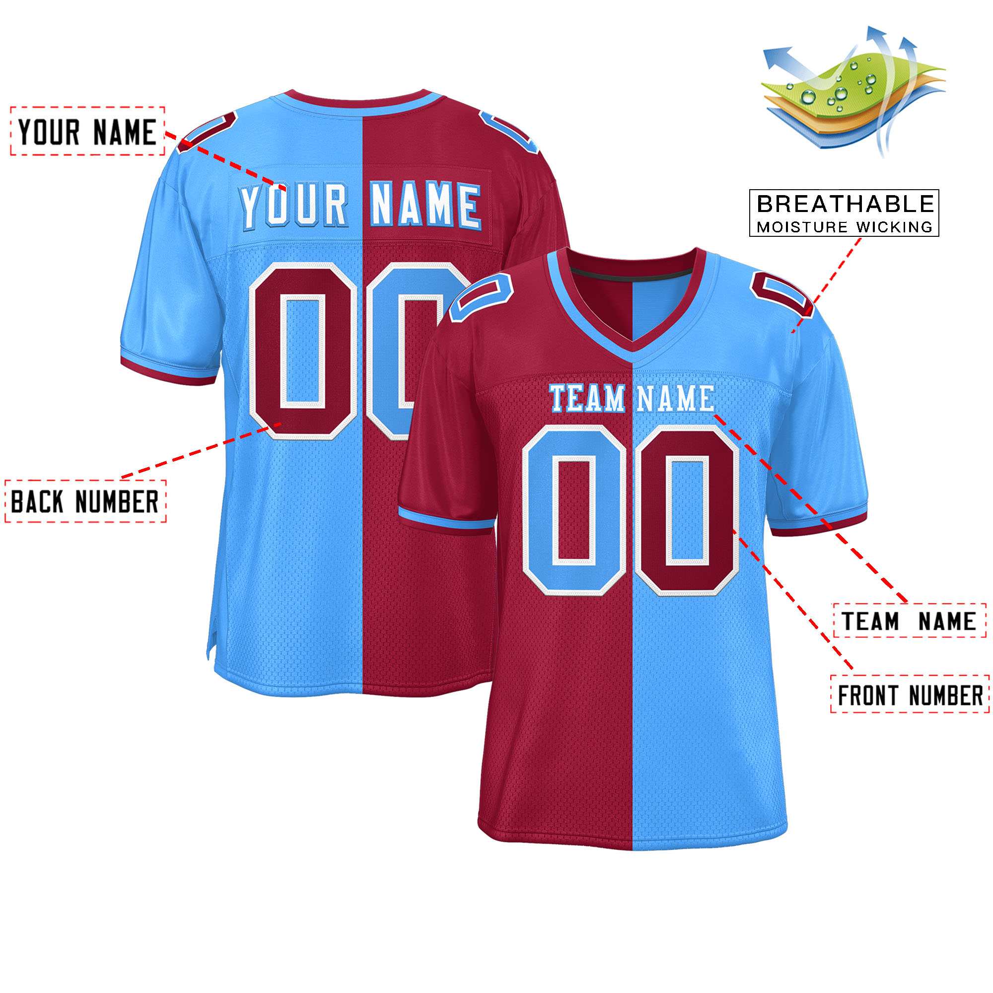 Custom Red Powder Blue Personalized Split Two Tone Design Authentic Football Jersey