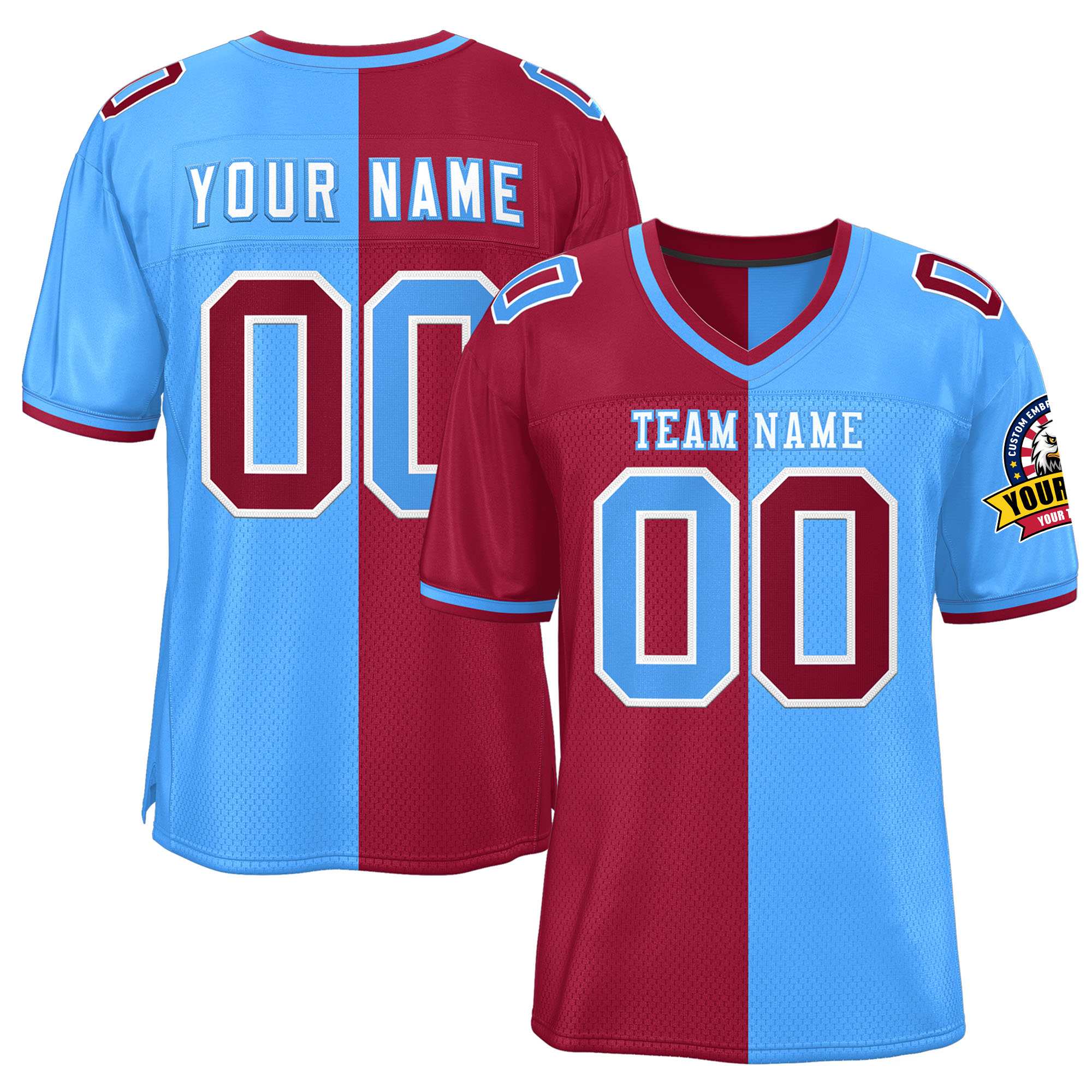 Custom Red Powder Blue Personalized Split Two Tone Design Authentic Football Jersey