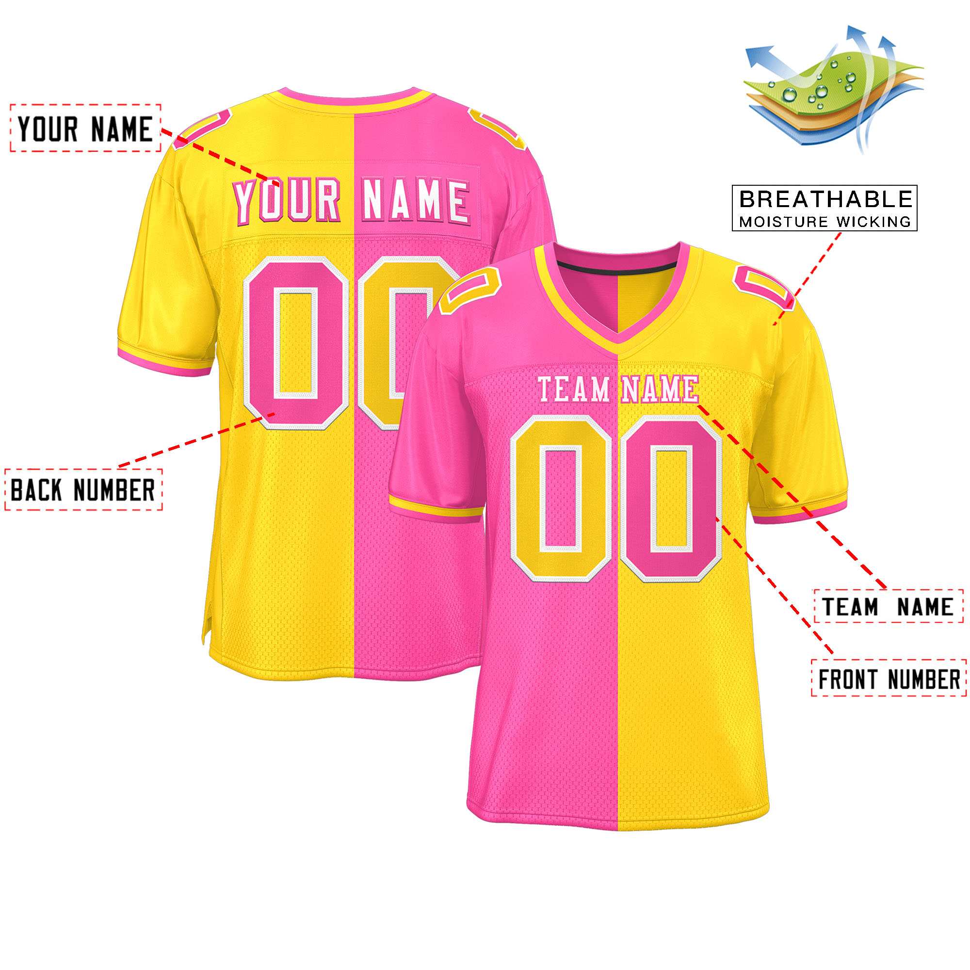 Custom Pink Gold Personalized Split Two Tone Design Authentic Football Jersey