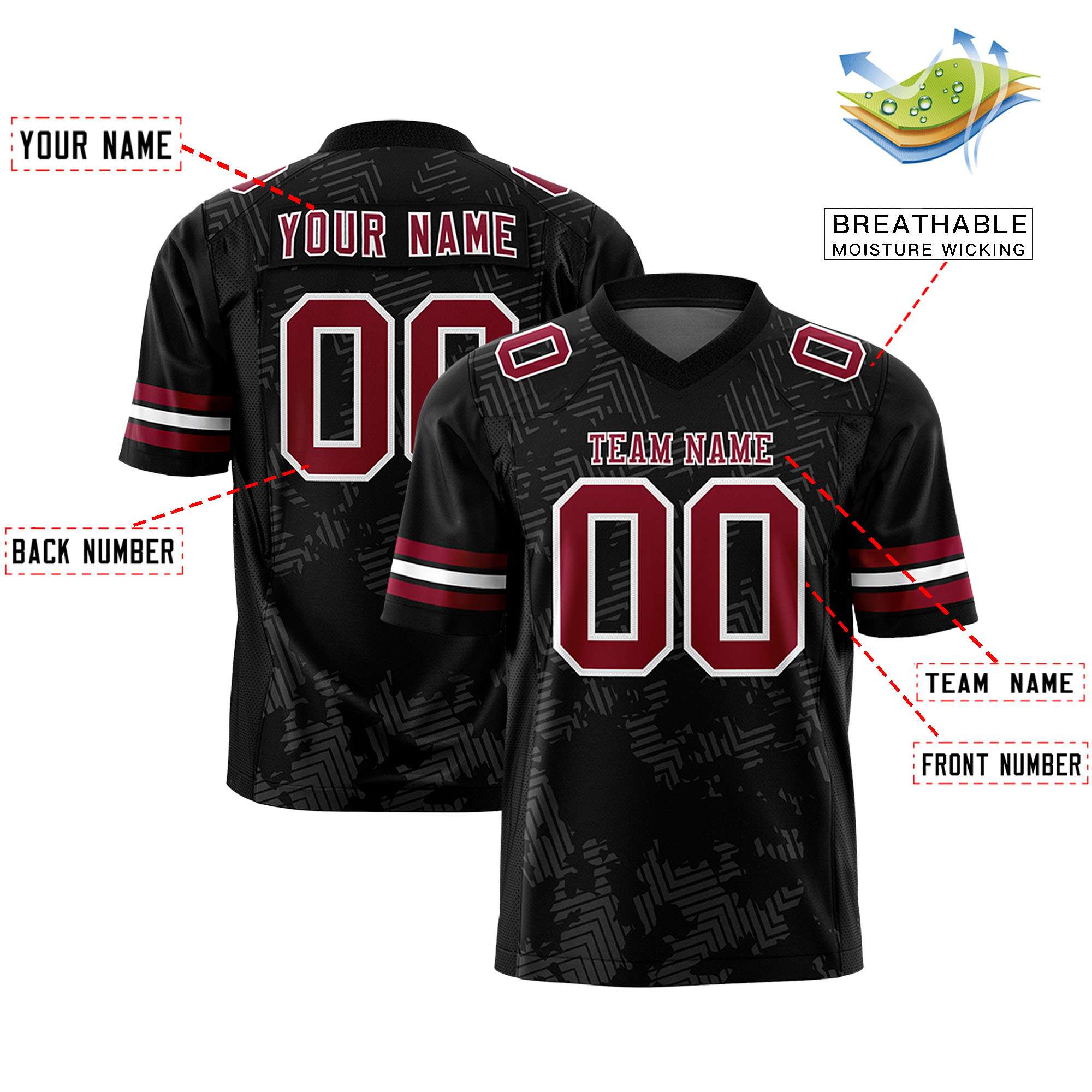 Custom Black Crimson-White Personalized Graffiti Line Design Authentic Football Jersey