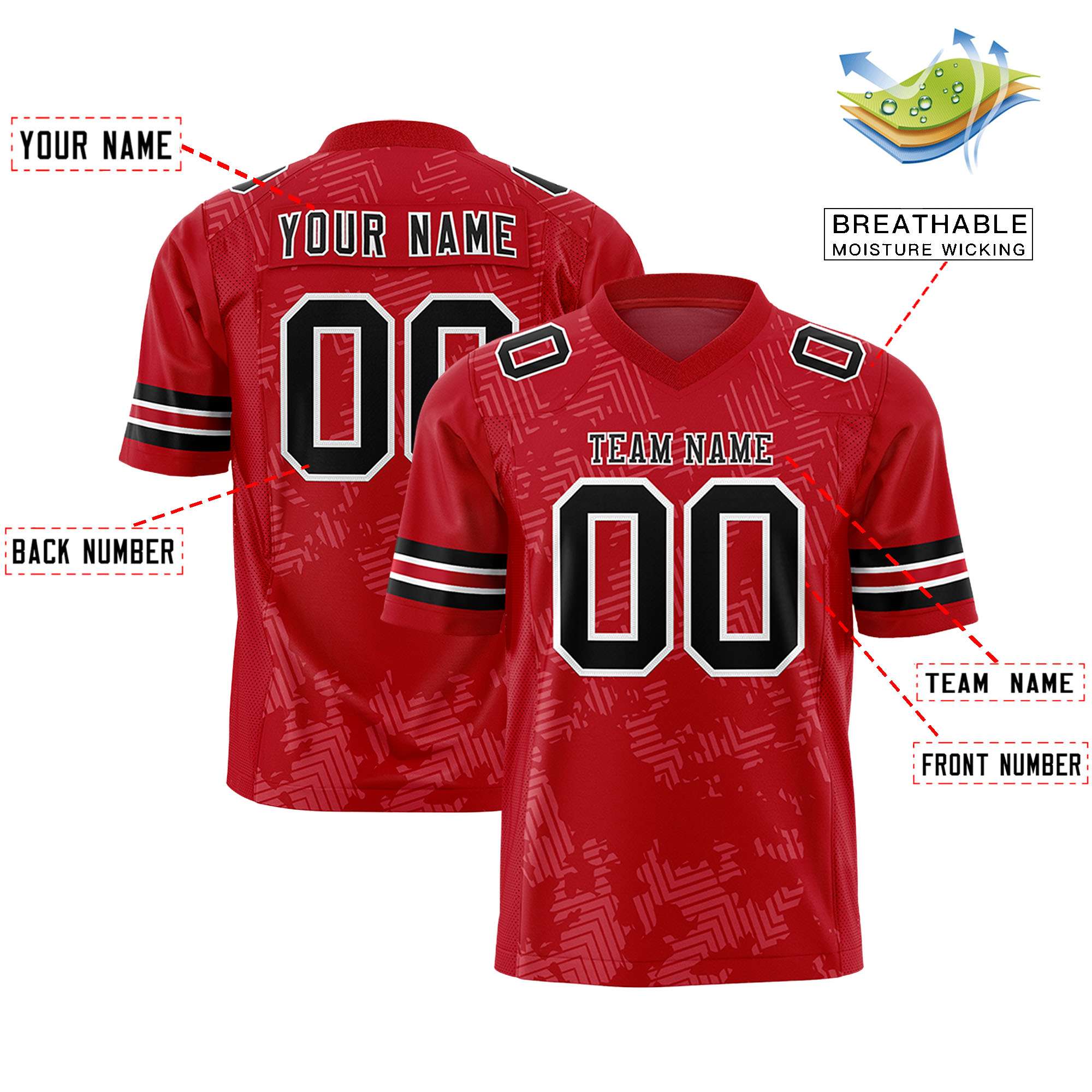 Custom Red Black-White Personalized Graffiti Line Design Authentic Football Jersey