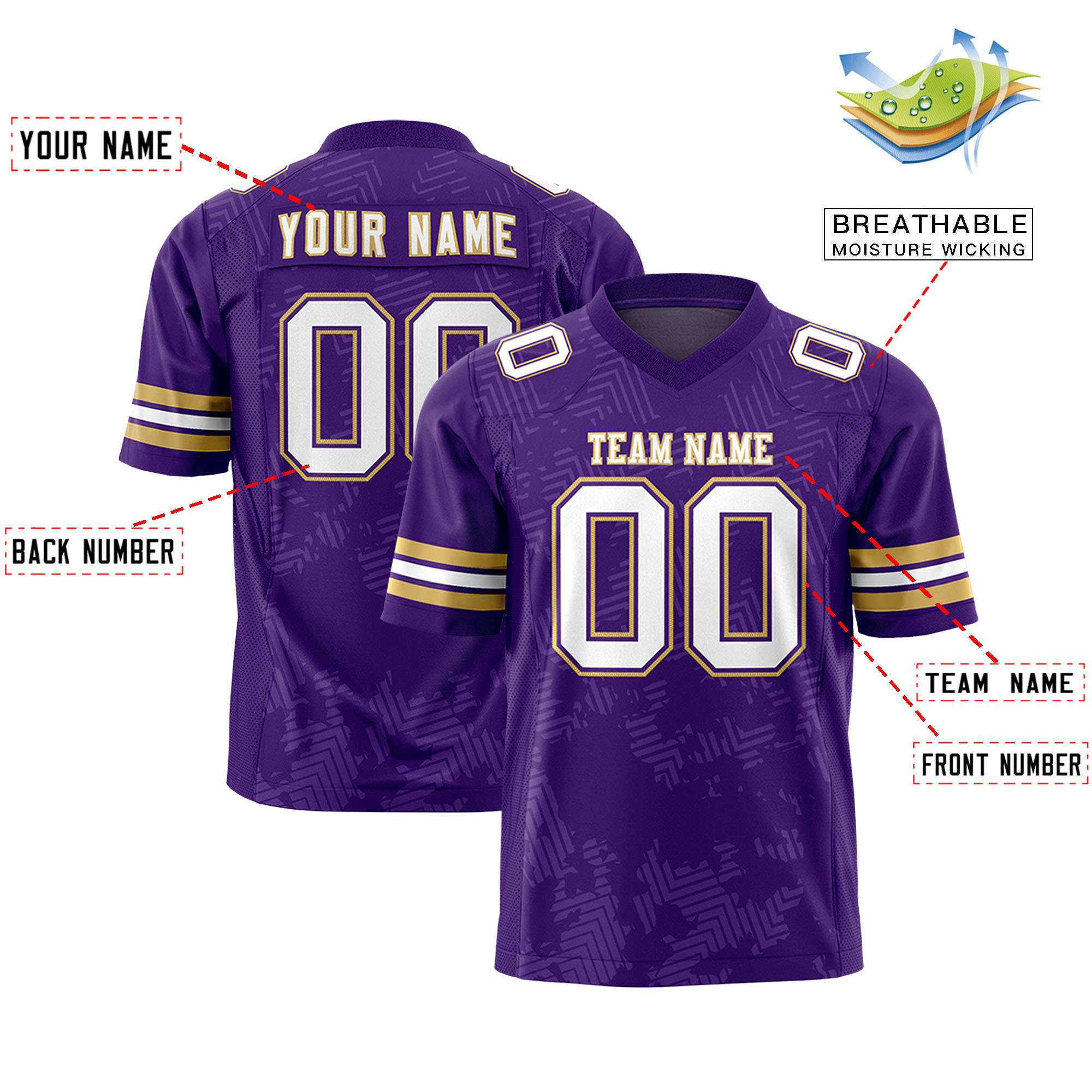 Custom Purple White-Old Gold Personalized Graffiti Line Design Authentic Football Jersey