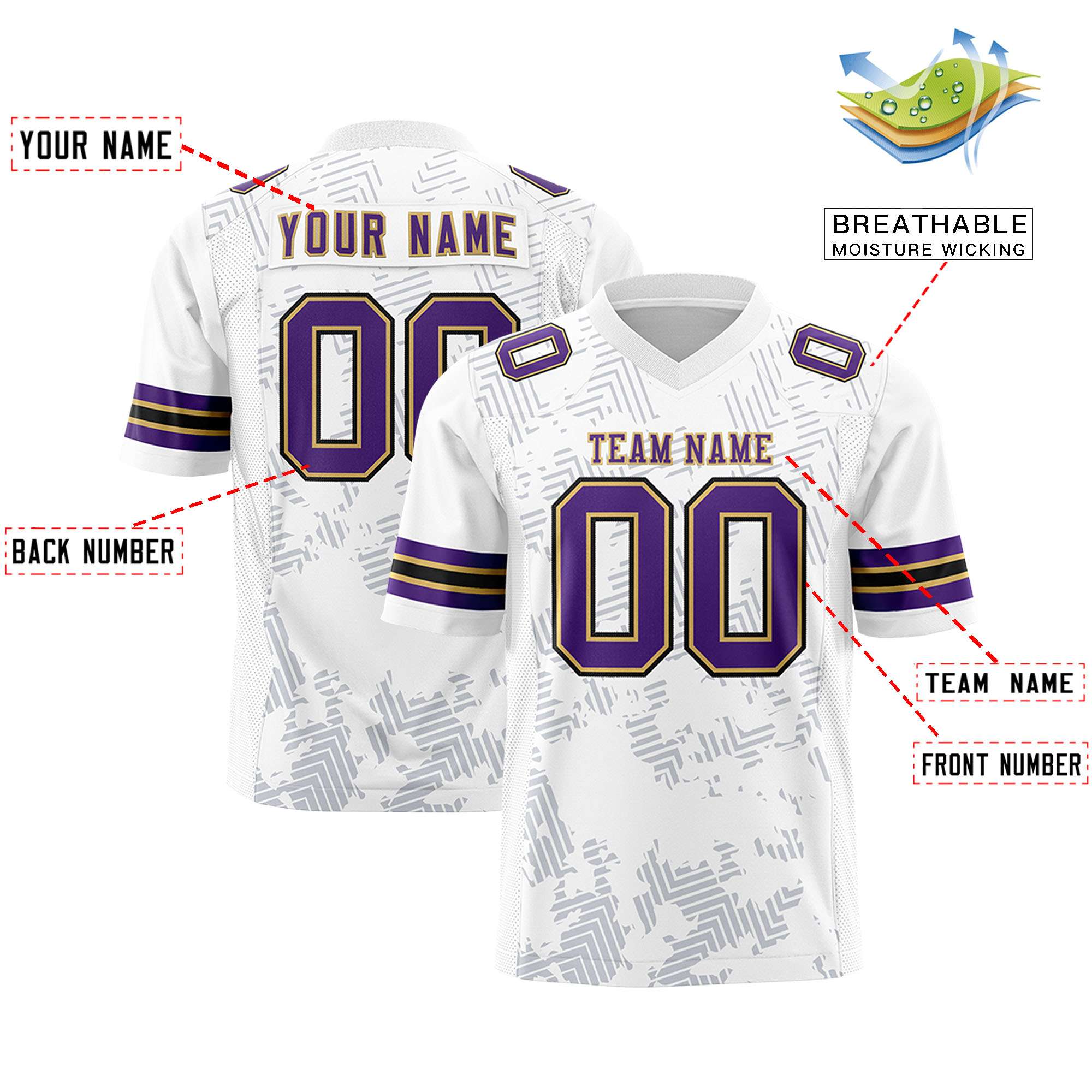 Custom White Purple-Old Gold Personalized Graffiti Line Design Authentic Football Jersey