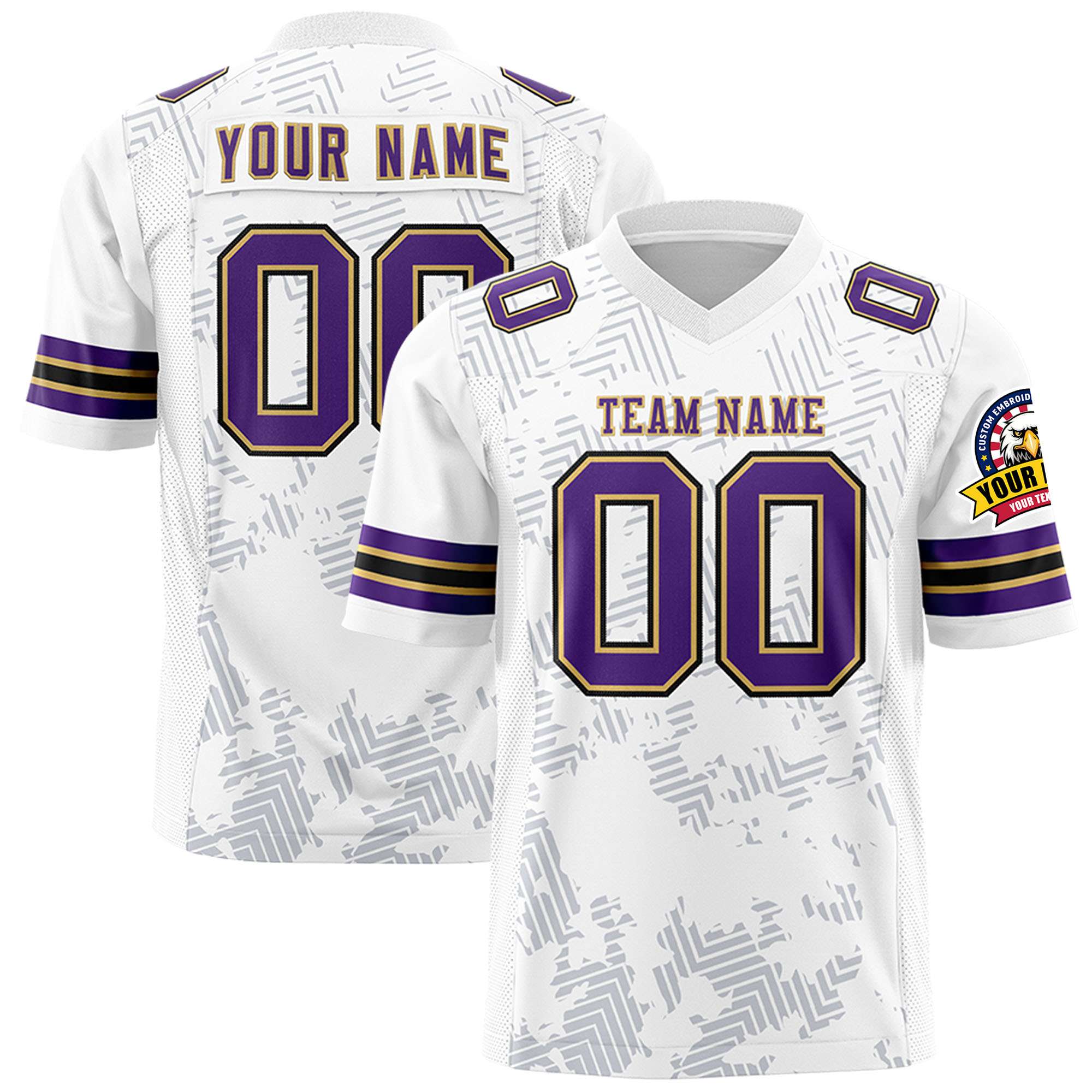 Custom White Purple-Old Gold Personalized Graffiti Line Design Authentic Football Jersey