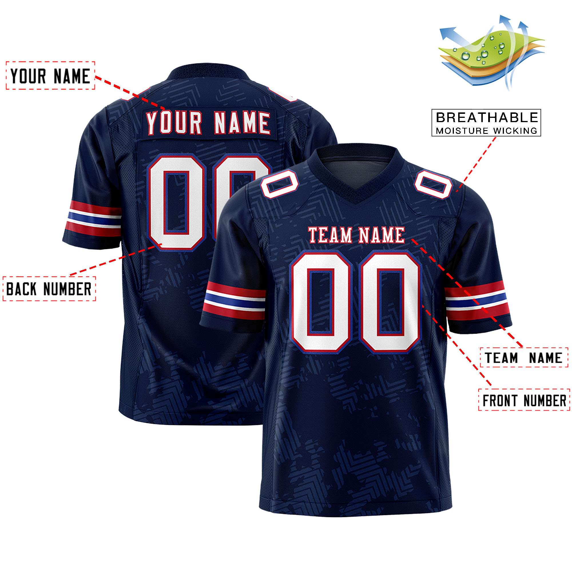 Custom Navy White-Red Personalized Graffiti Line Design Authentic Football Jersey