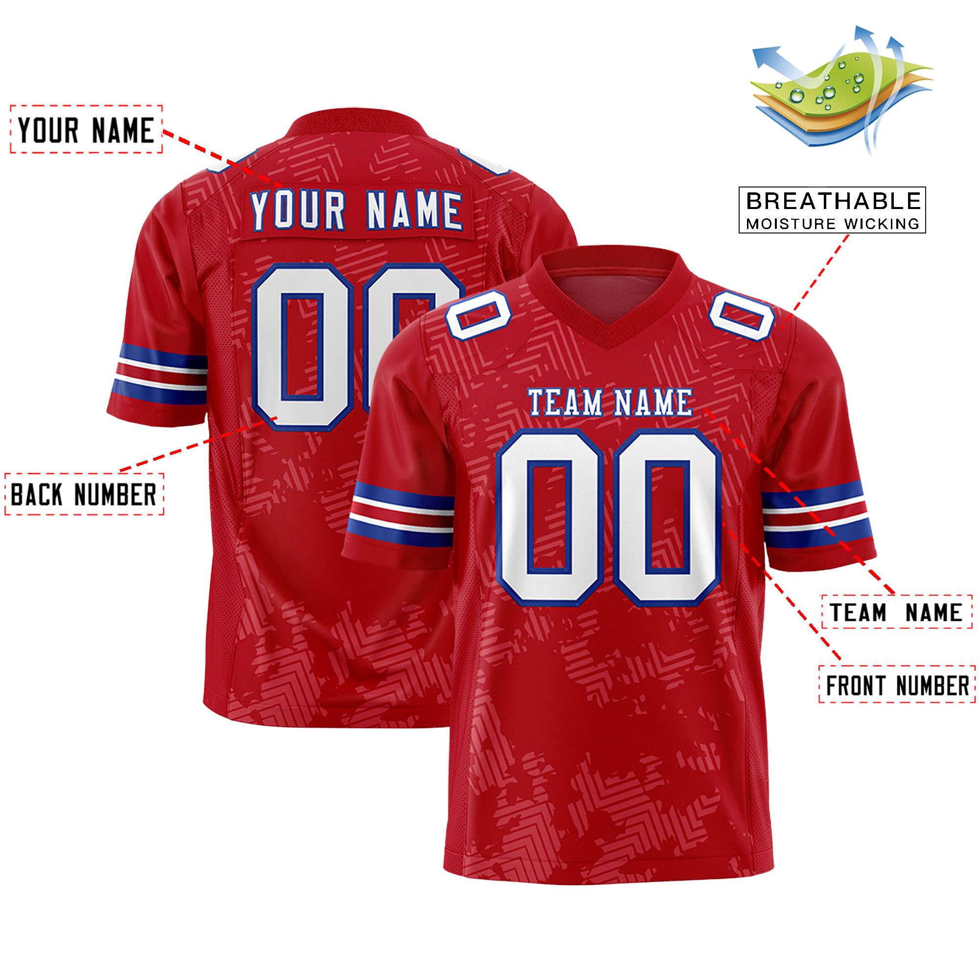 Custom Red White-Royal Personalized Graffiti Line Design Authentic Football Jersey