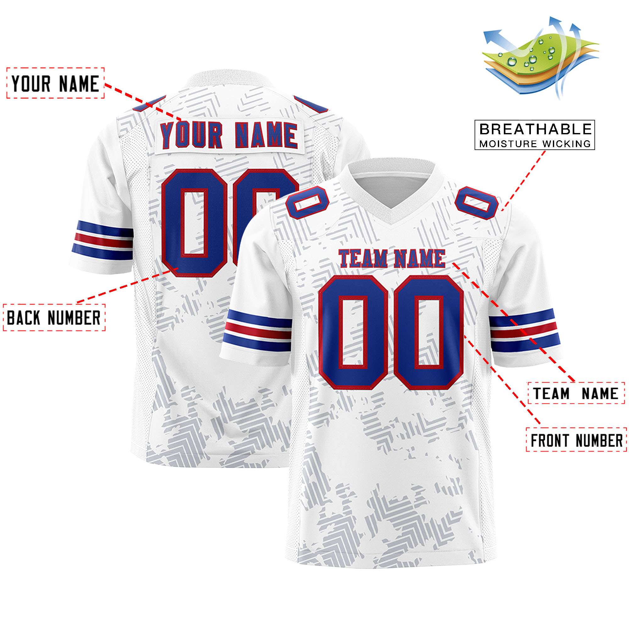 Custom White Royal-Red Personalized Graffiti Line Design Authentic Football Jersey