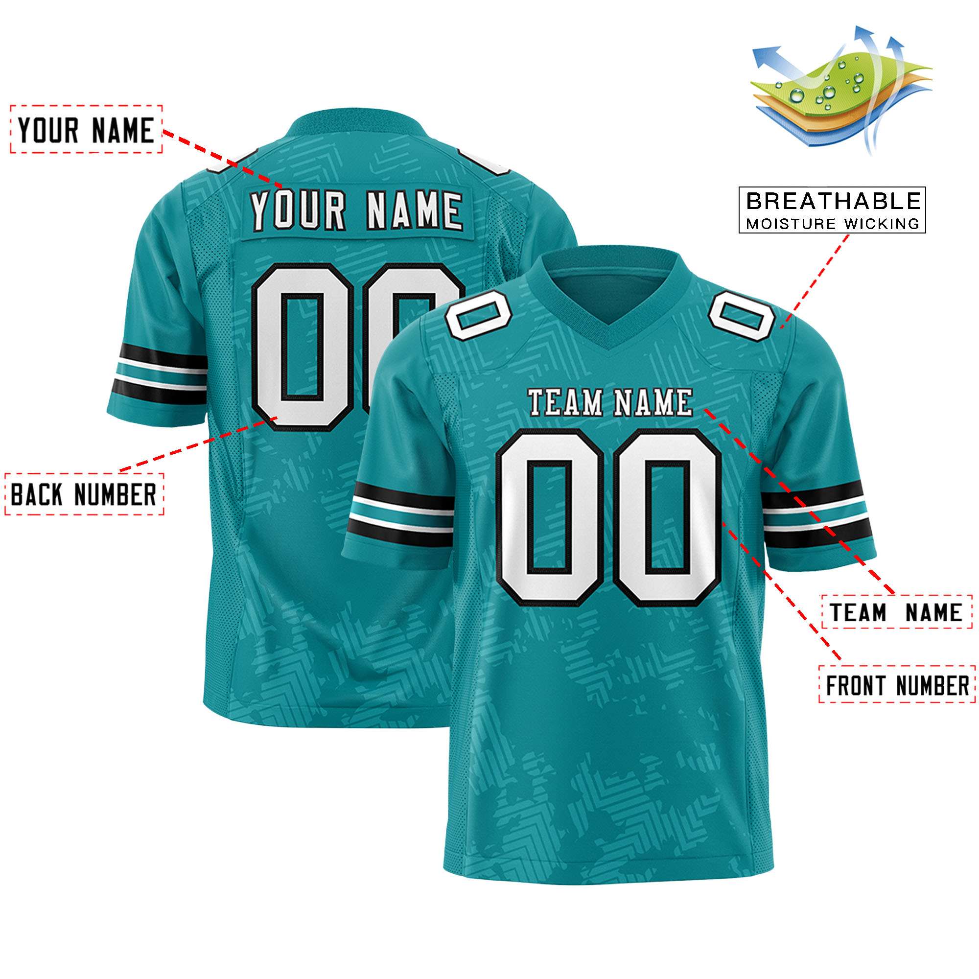 Custom Aqua White-Black Personalized Graffiti Line Design Authentic Football Jersey