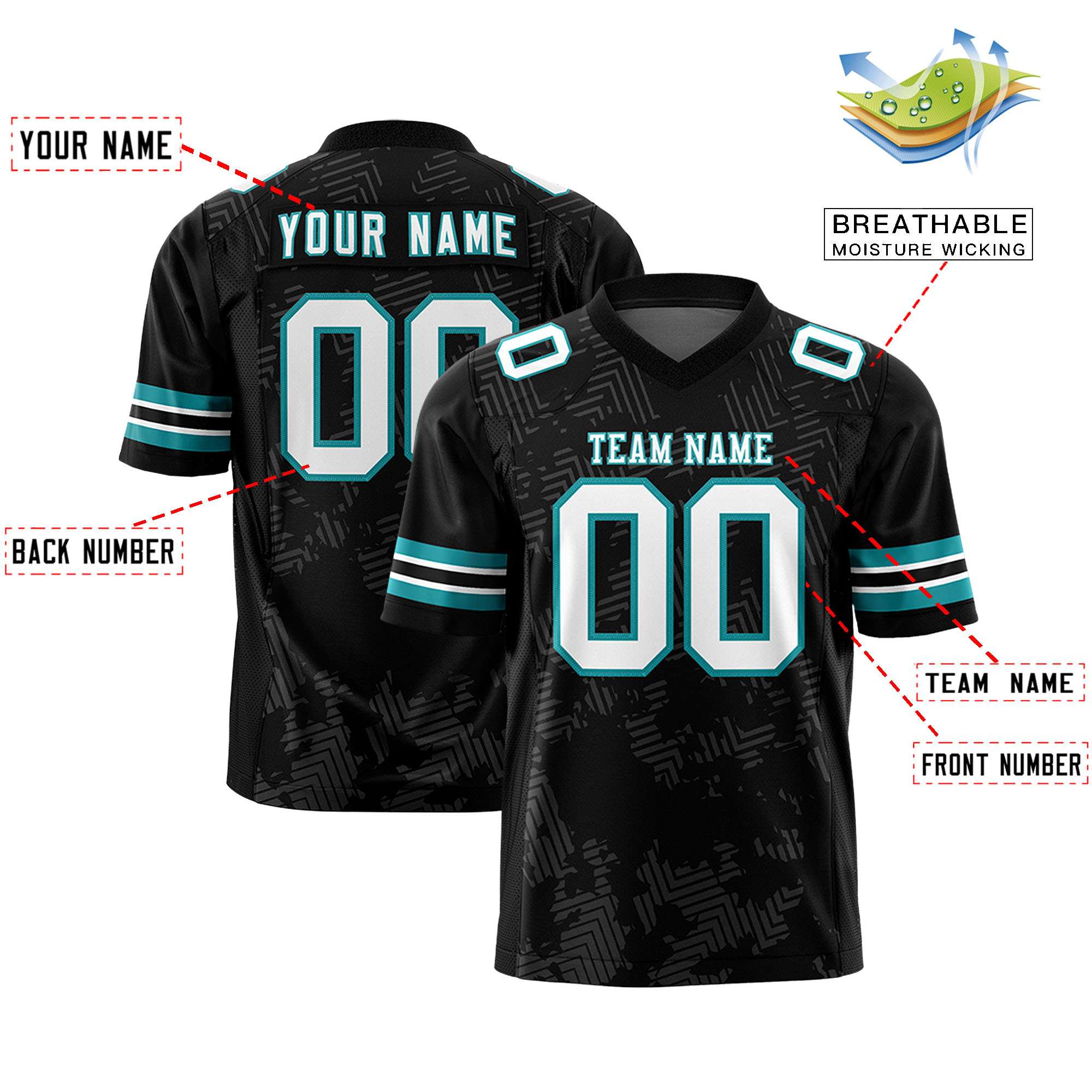 Custom Black White-Aqua Personalized Graffiti Line Design Authentic Football Jersey