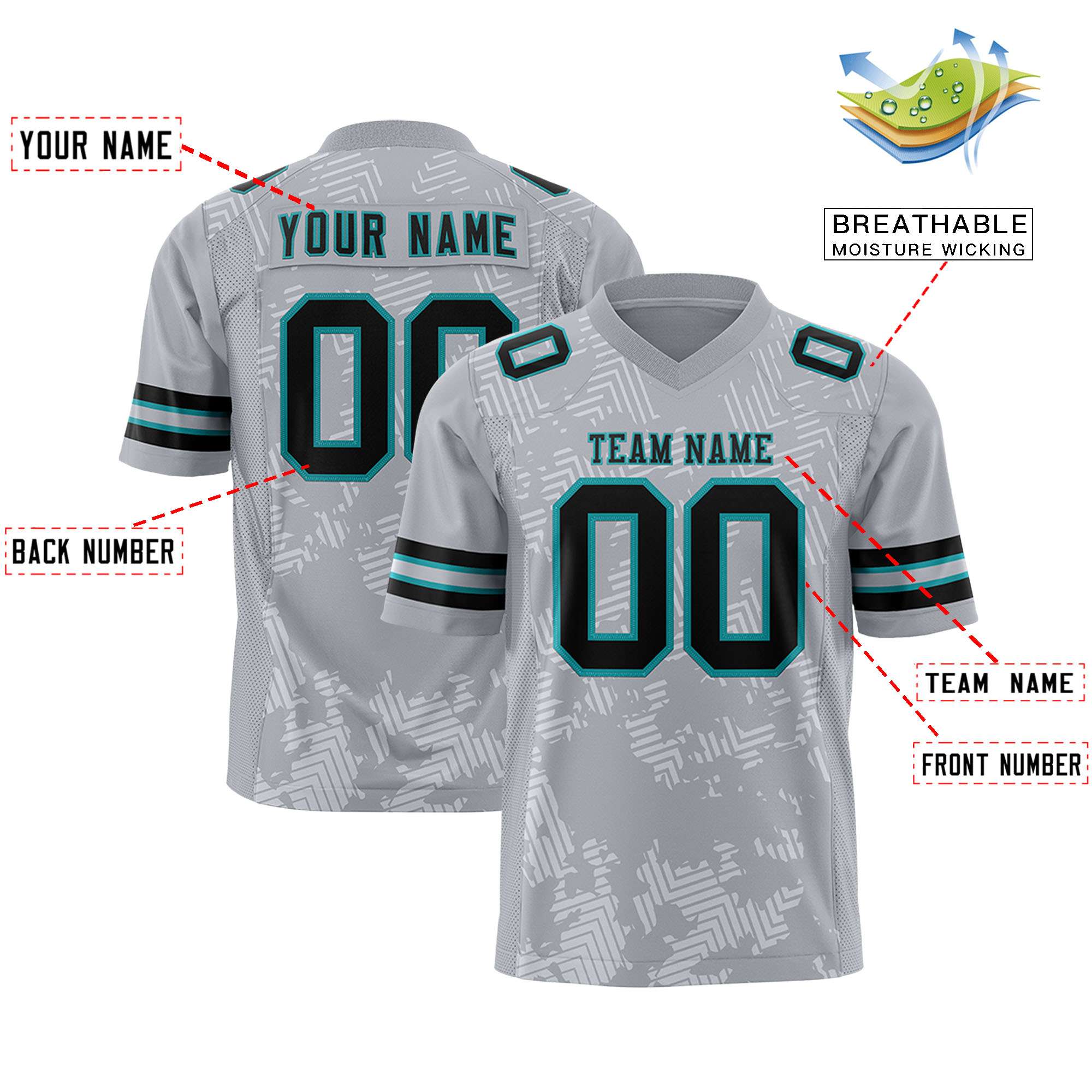 Custom Gray Black-Aqua Personalized Graffiti Line Design Authentic Football Jersey