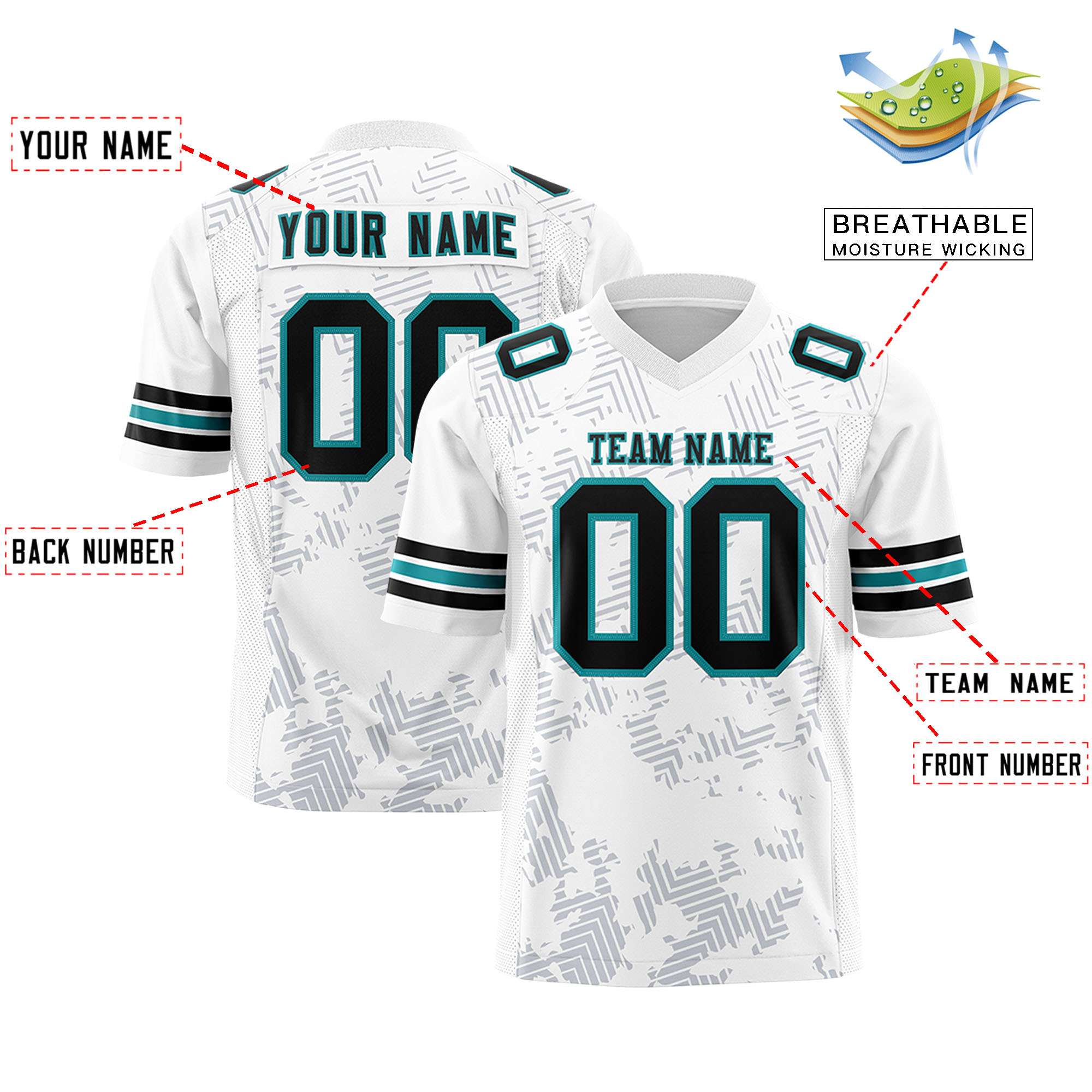 Custom White Black-Aqua Personalized Graffiti Line Design Authentic Football Jersey