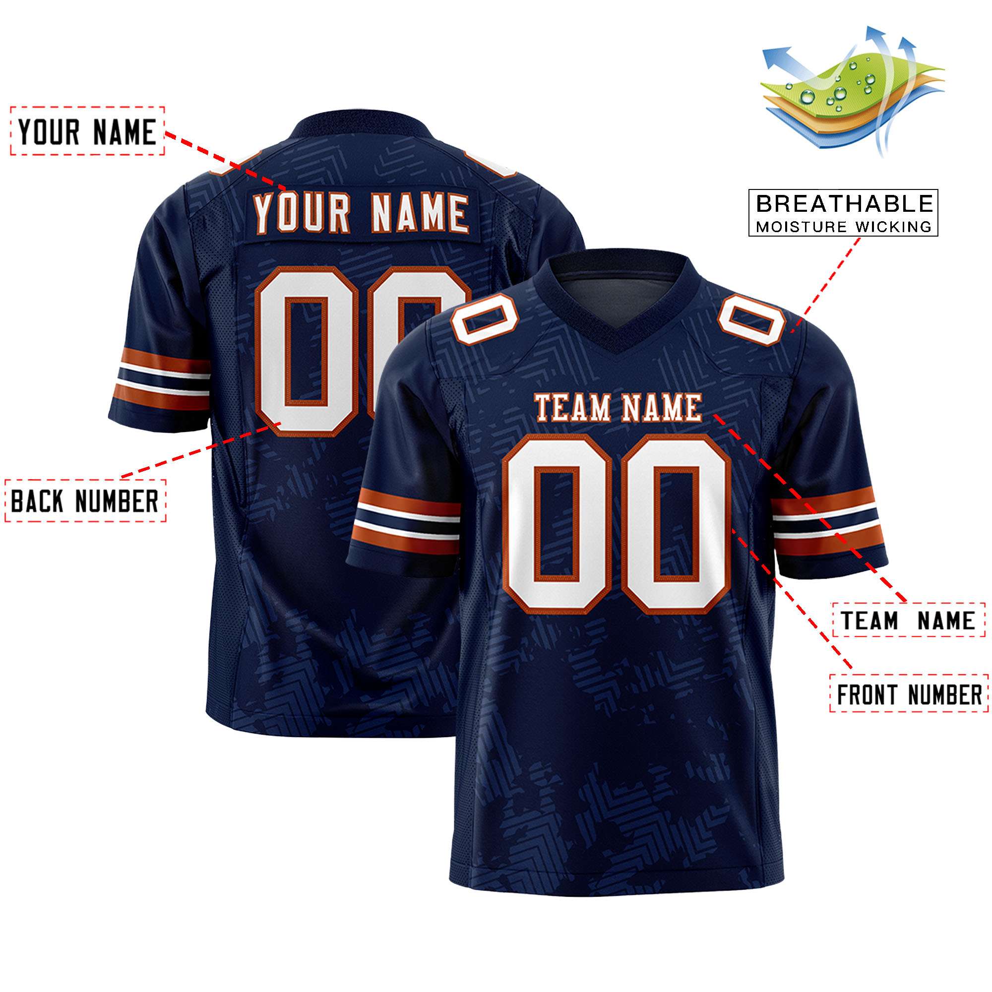 Custom Navy White-Texas Orange Personalized Graffiti Line Design Authentic Football Jersey