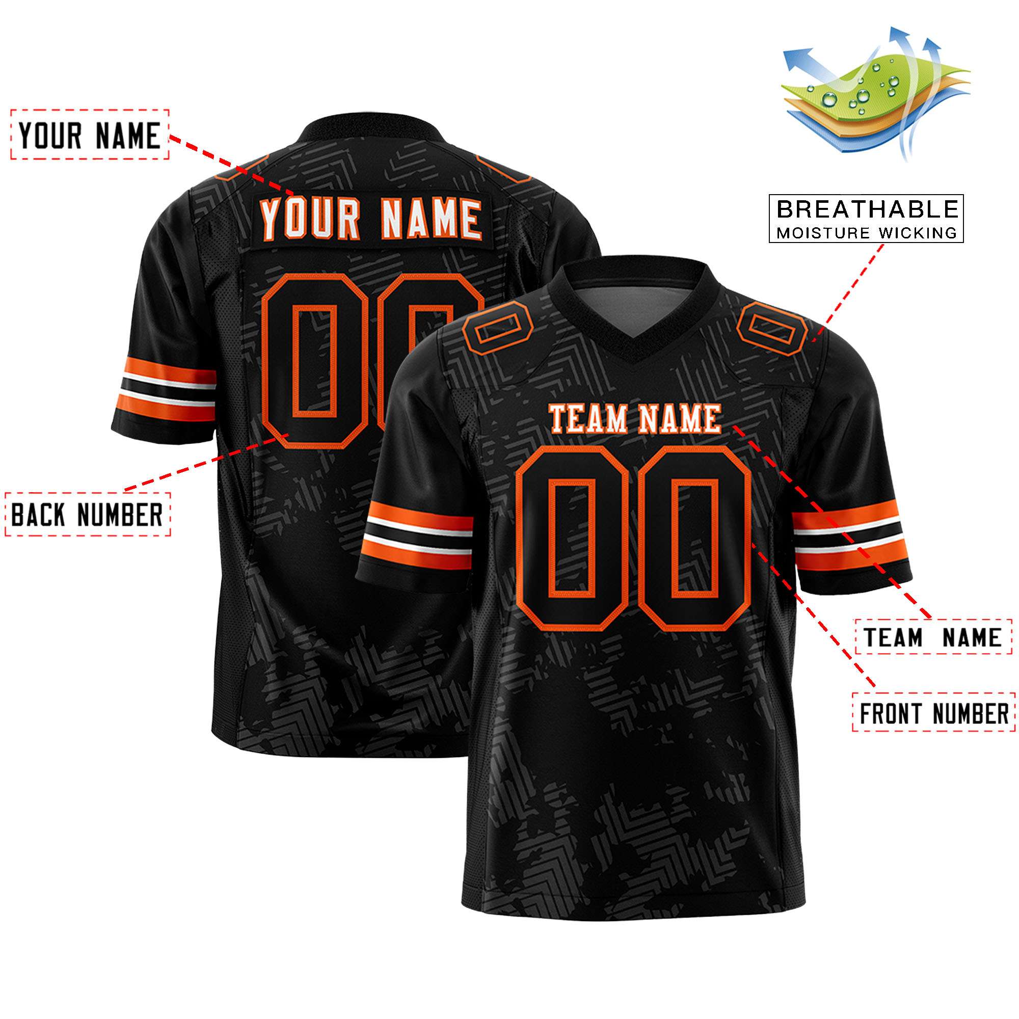 Custom Black White-Orange Personalized Graffiti Line Design Authentic Football Jersey