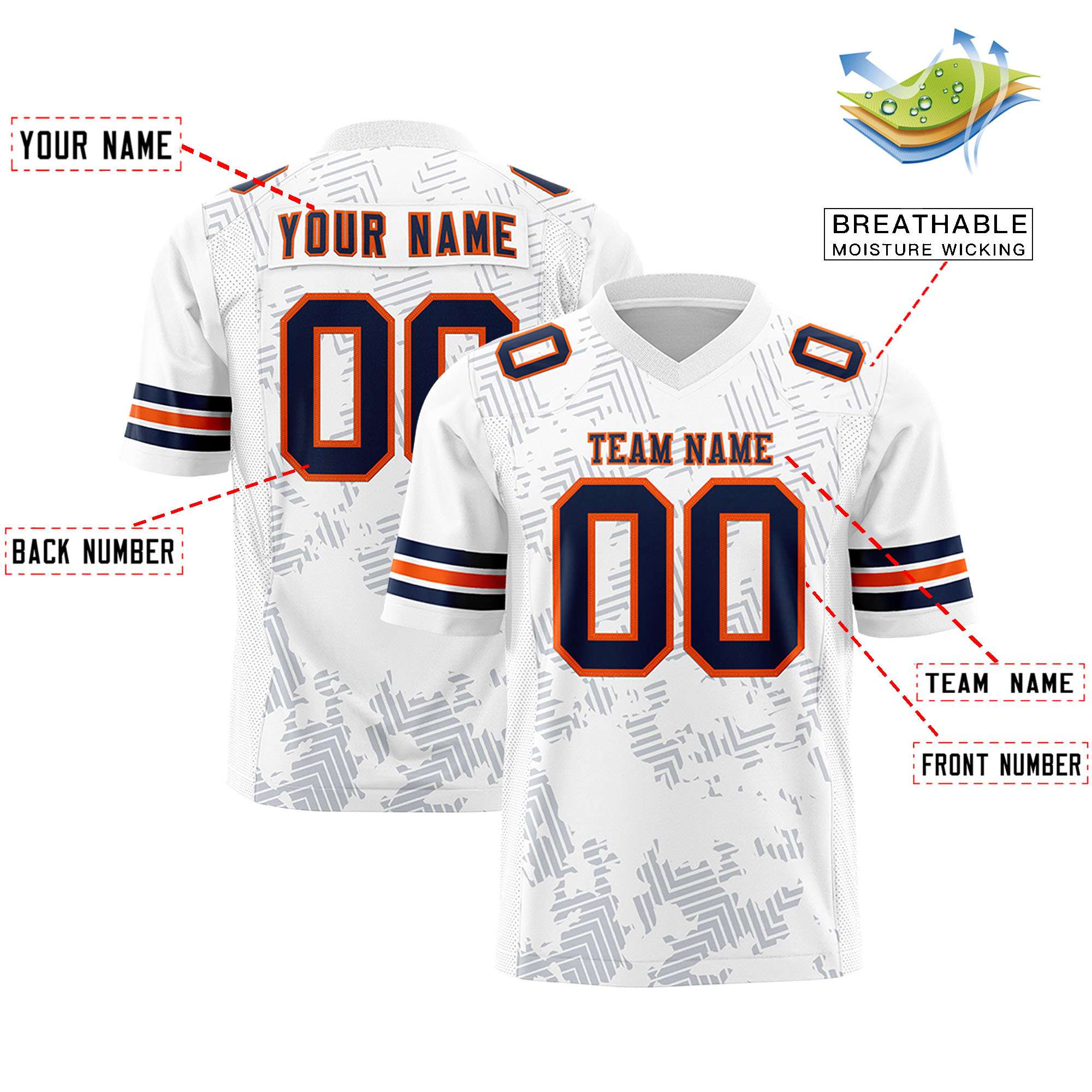 Custom White Navy-Orange Personalized Graffiti Line Design Authentic Football Jersey