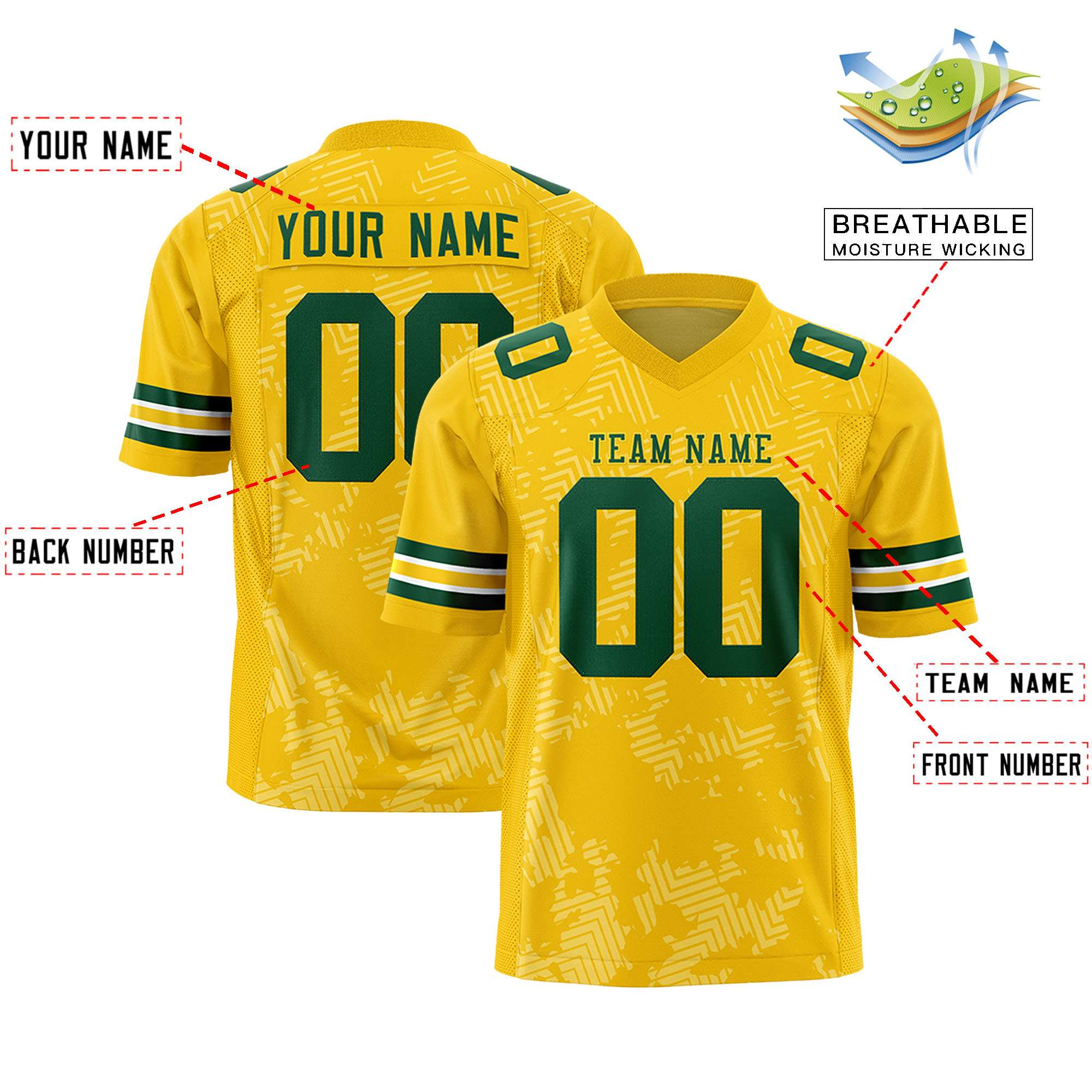 Custom Gold Green Personalized Graffiti Line Design Authentic Football Jersey