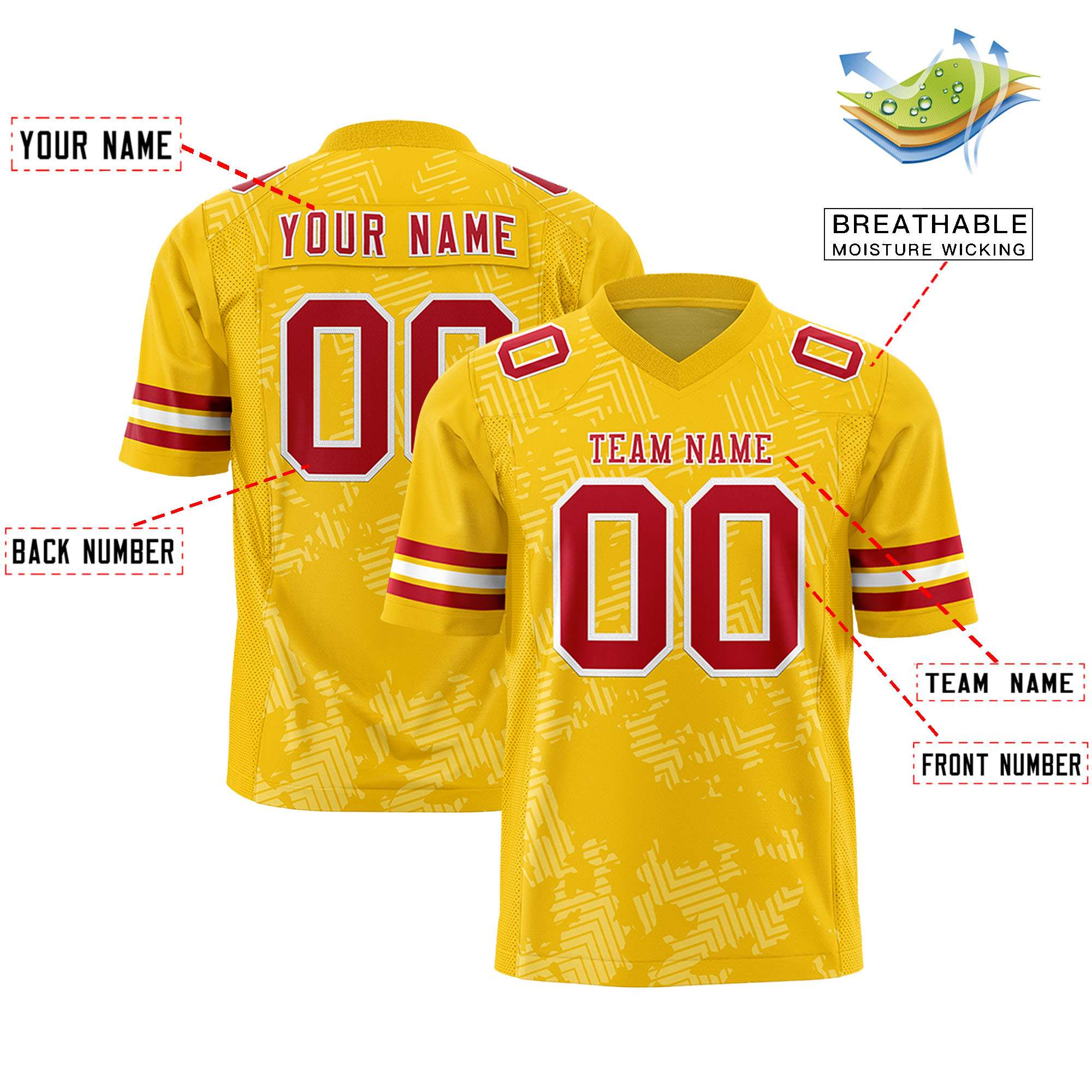 Custom Gold Red-White Personalized Graffiti Line Design Authentic Football Jersey