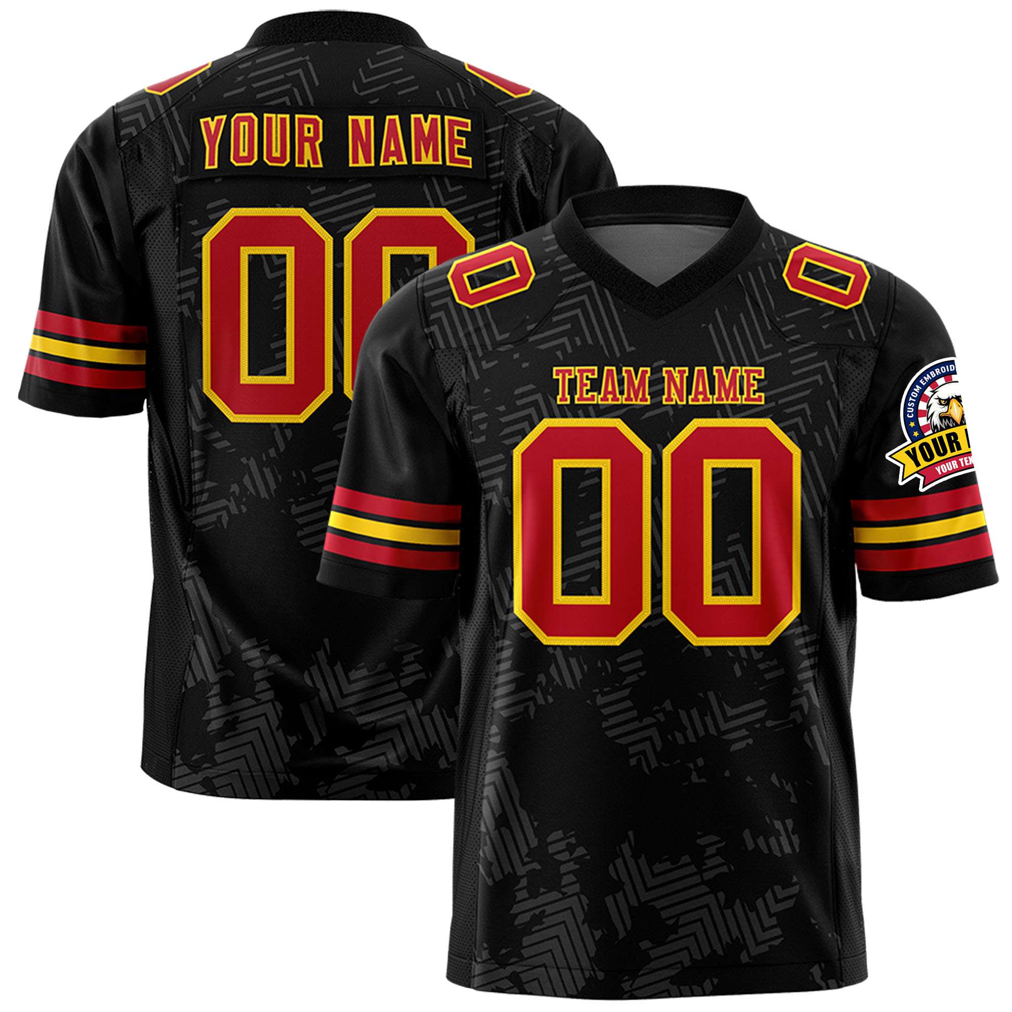 Custom Black Red-Gold Personalized Graffiti Line Design Authentic Football Jersey