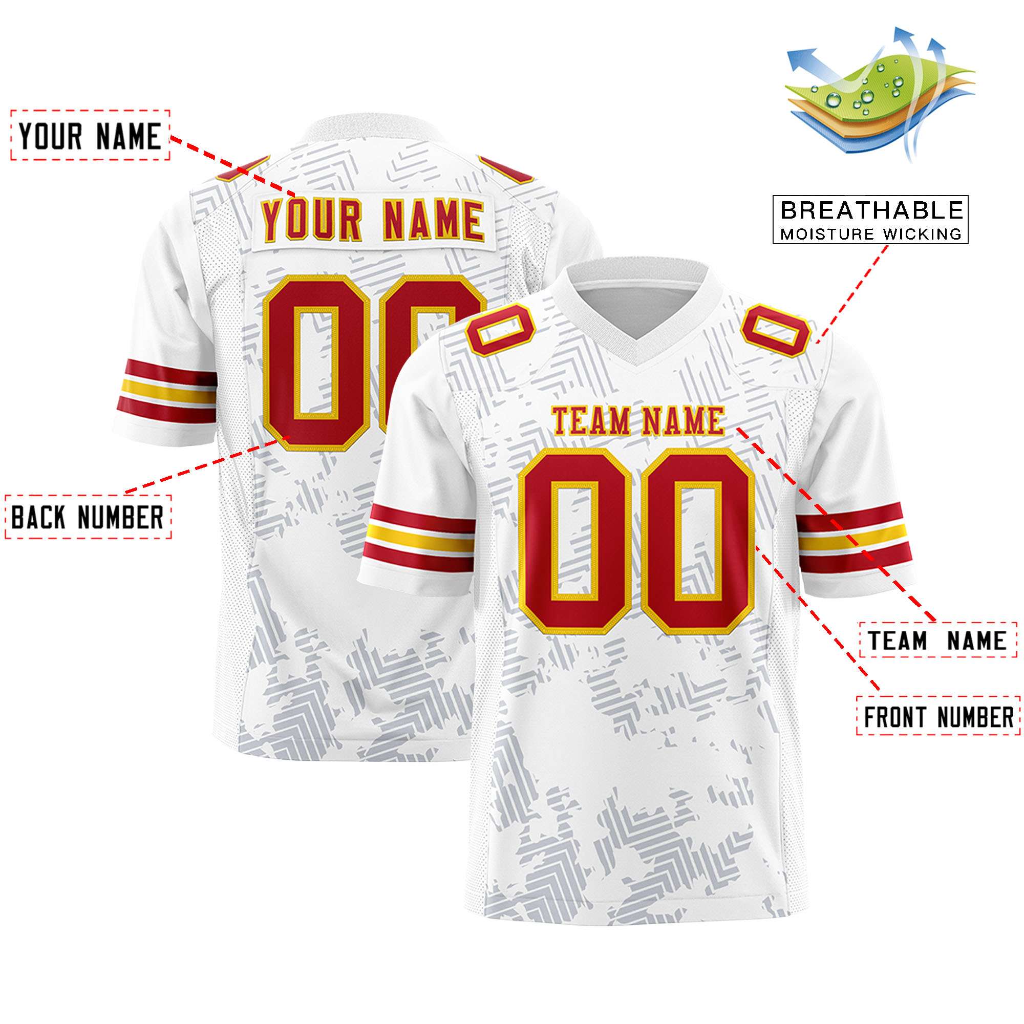 Custom White Red-Gold Personalized Graffiti Line Design Authentic Football Jersey