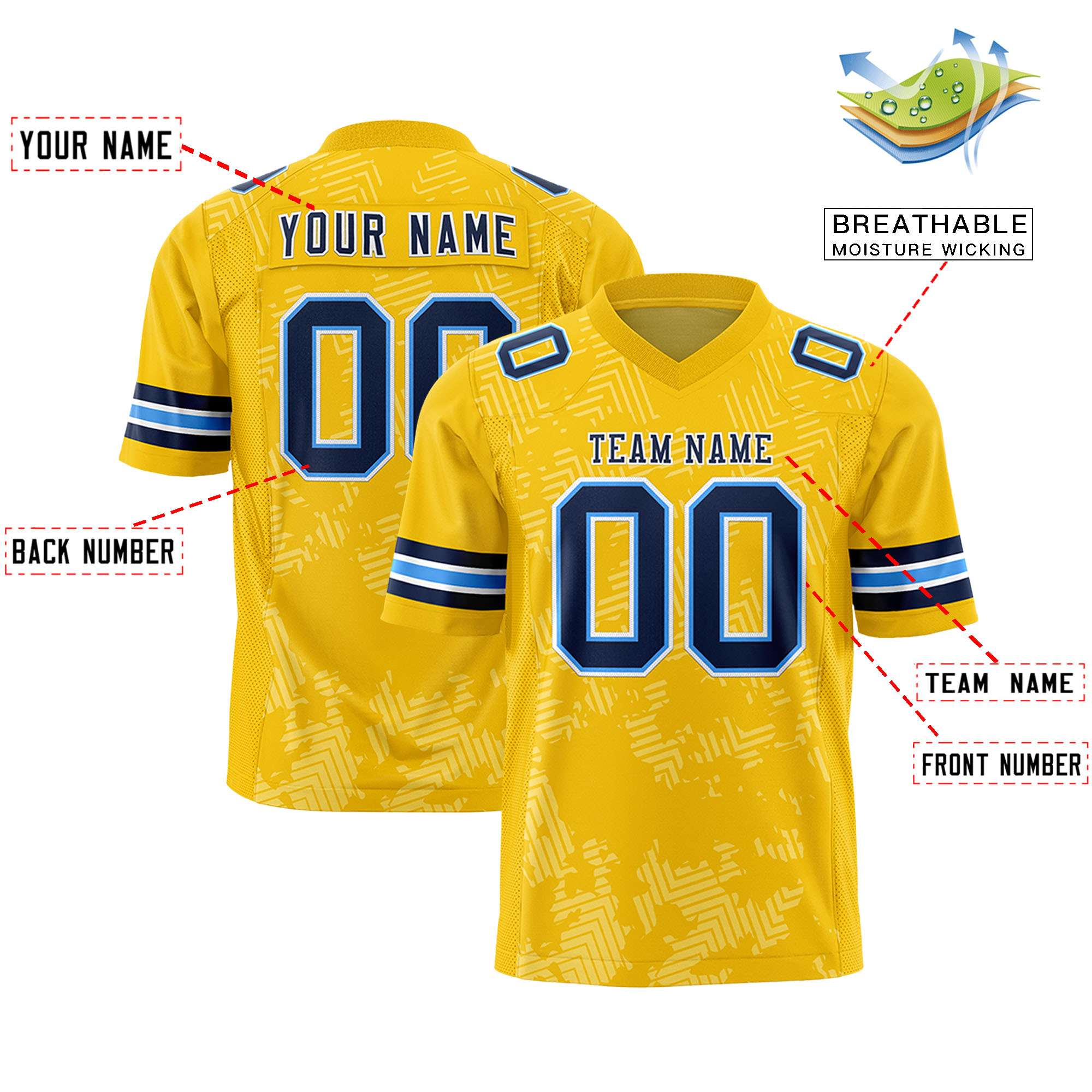 Custom Gold Navy-White Personalized Graffiti Line Design Authentic Football Jersey