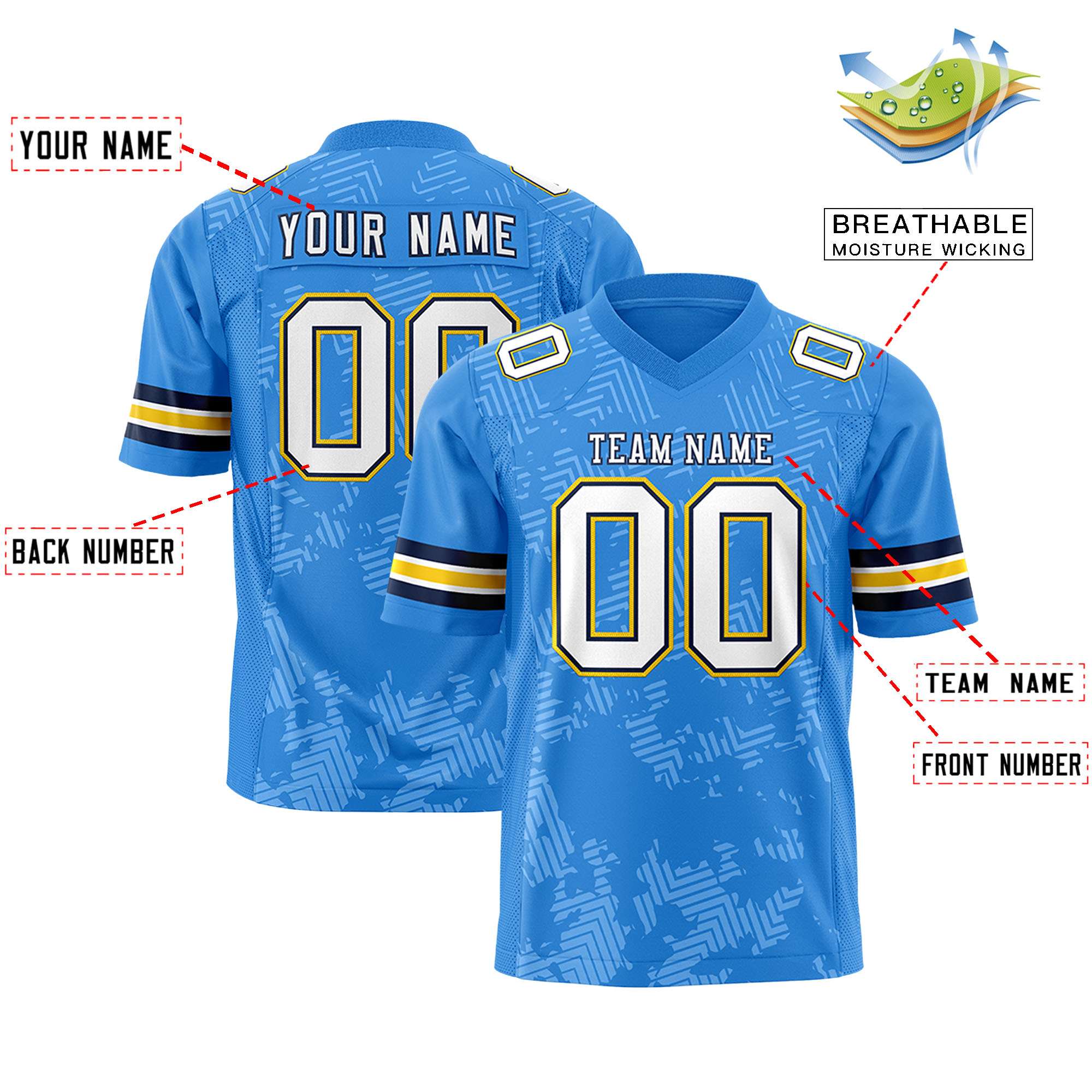 Custom Powder Blue White-Navy Personalized Graffiti Line Design Authentic Football Jersey