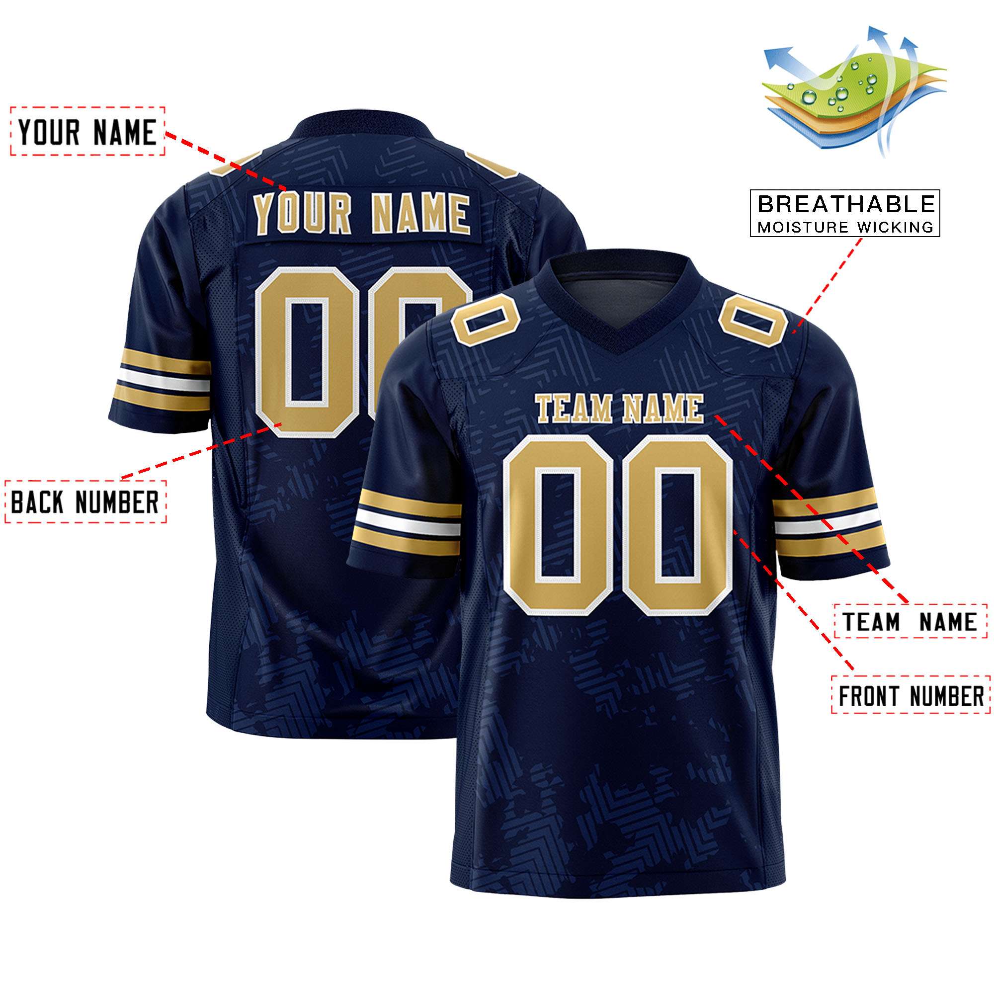 Custom Navy Old Gold-White Personalized Graffiti Line Design Authentic Football Jersey