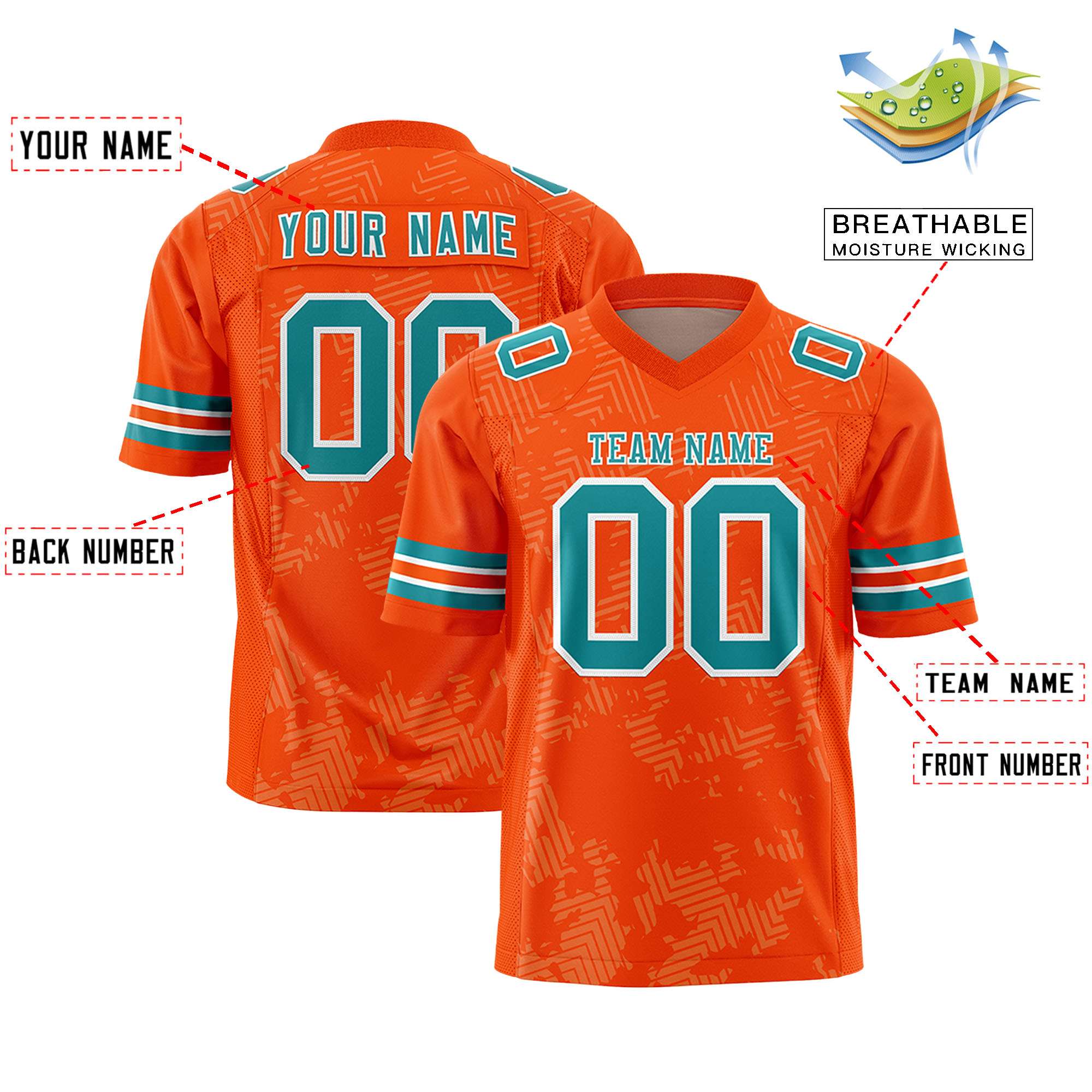 Custom Orange Aqua-White Personalized Graffiti Line Design Authentic Football Jersey