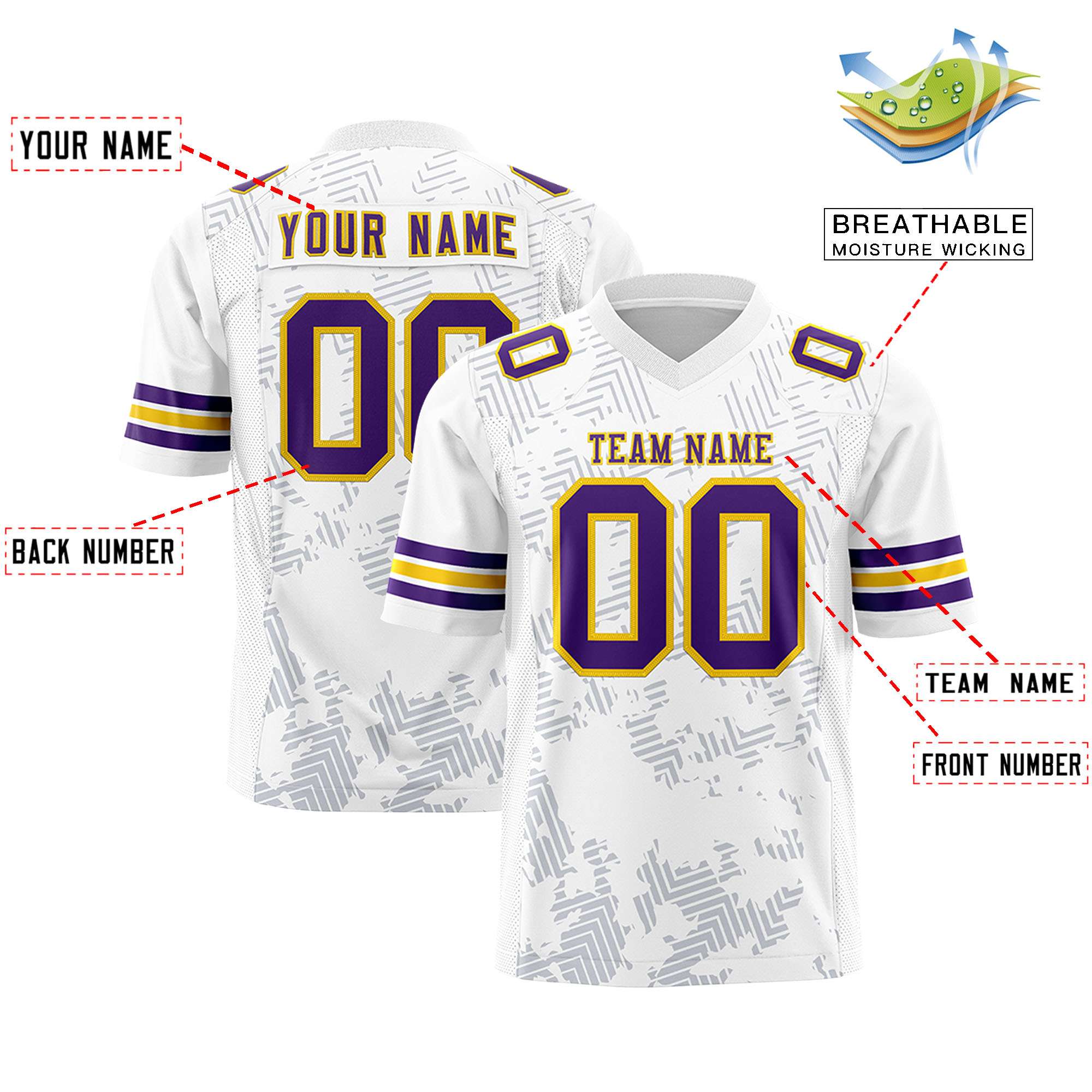 Custom White Purple-Gold Personalized Graffiti Line Design Authentic Football Jersey