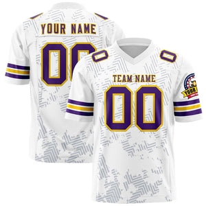 Custom White Purple-Gold Personalized Graffiti Line Design Authentic Football Jersey