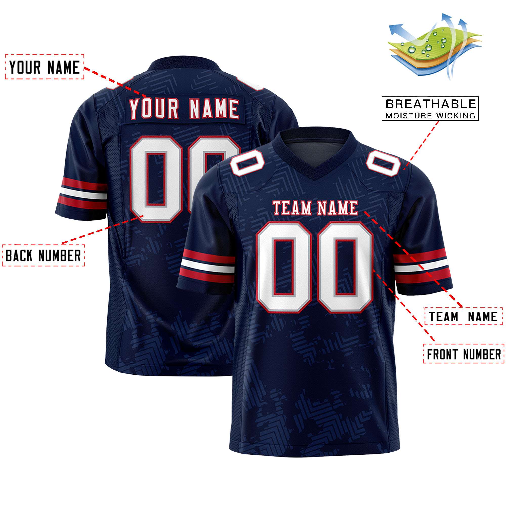 Custom Navy White-Red Personalized Graffiti Line Design Authentic Football Jersey