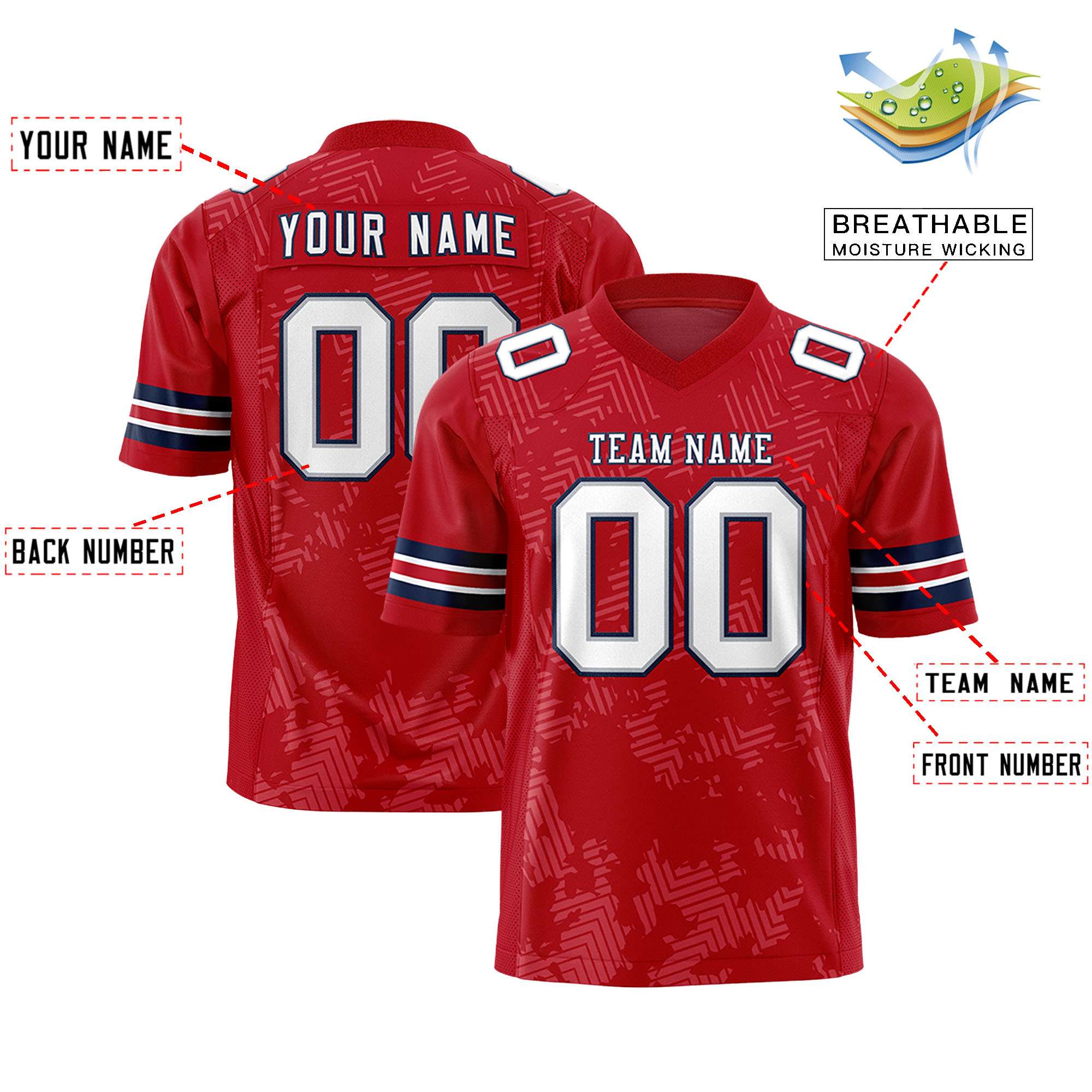 Custom Red White-Navy Personalized Graffiti Line Design Authentic Football Jersey