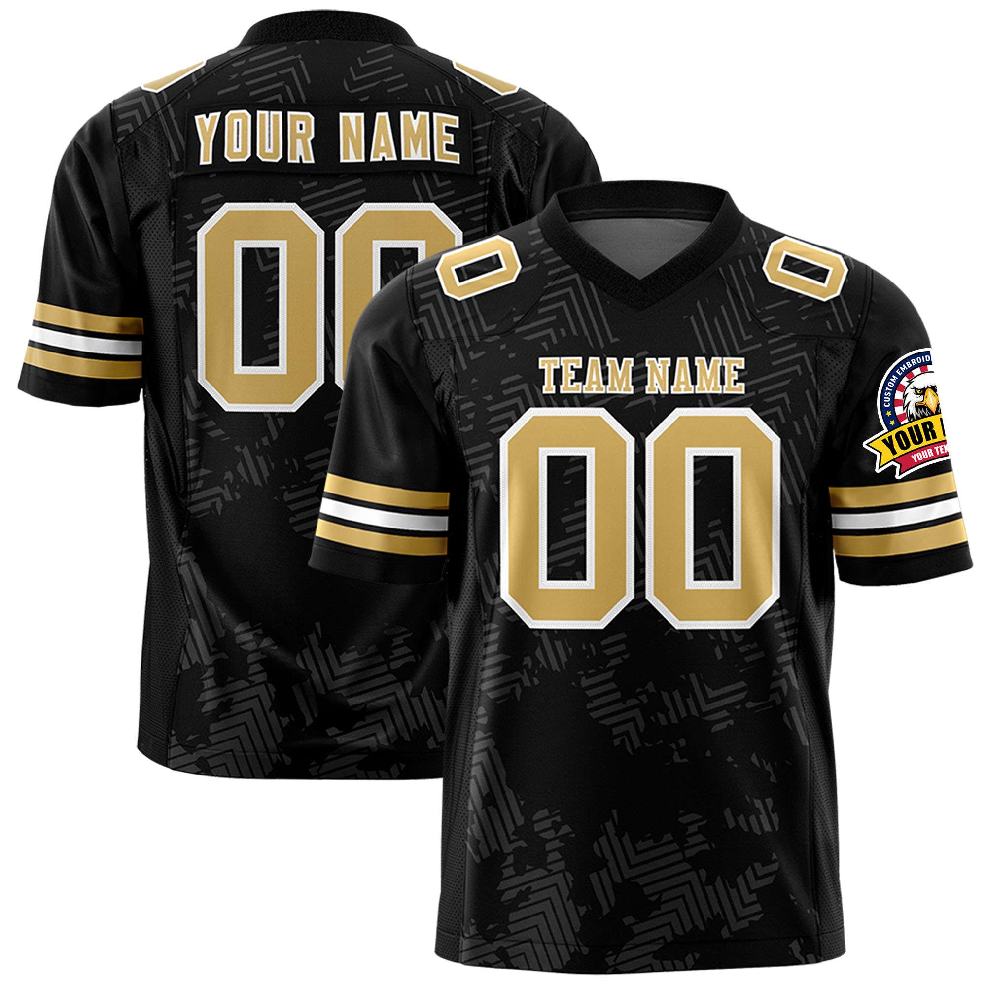 Custom Black Old Gold-White Personalized Graffiti Line Design Authentic Football Jersey