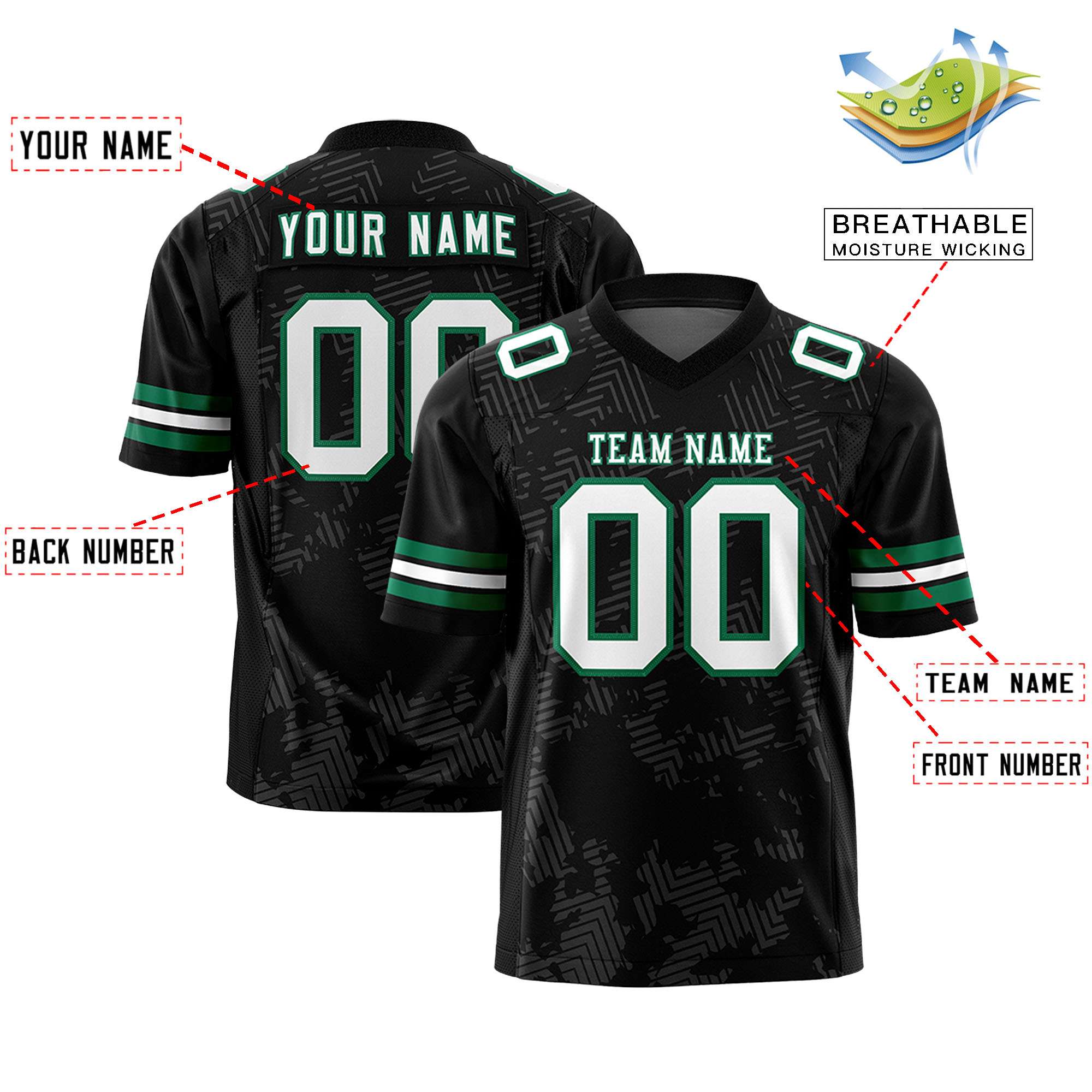 Custom Black White-Kelly Green Personalized Graffiti Line Design Authentic Football Jersey