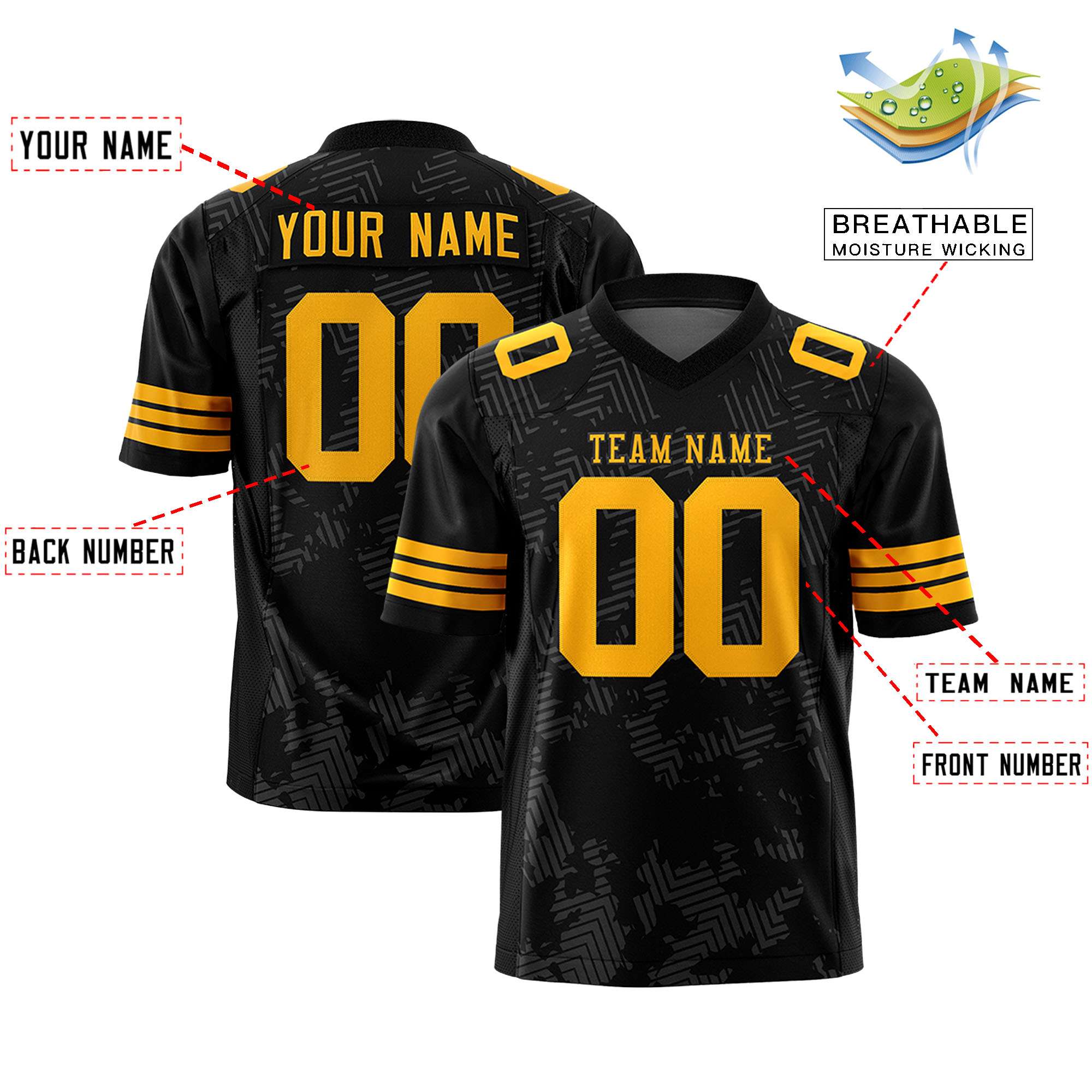 Custom Black Yellow Personalized Graffiti Line Design Authentic Football Jersey