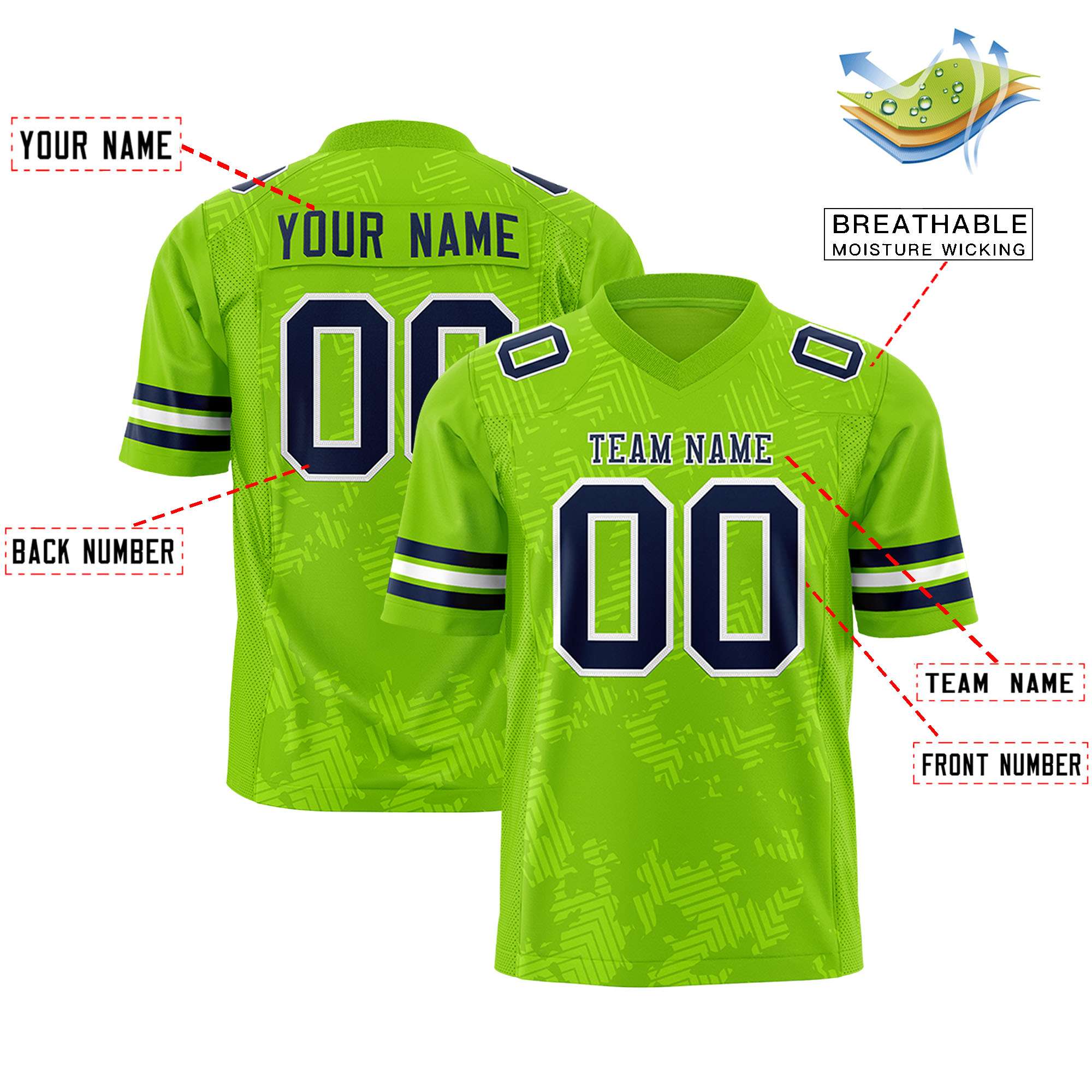 Custom Neon Green Navy Personalized Graffiti Line Design Authentic Football Jersey