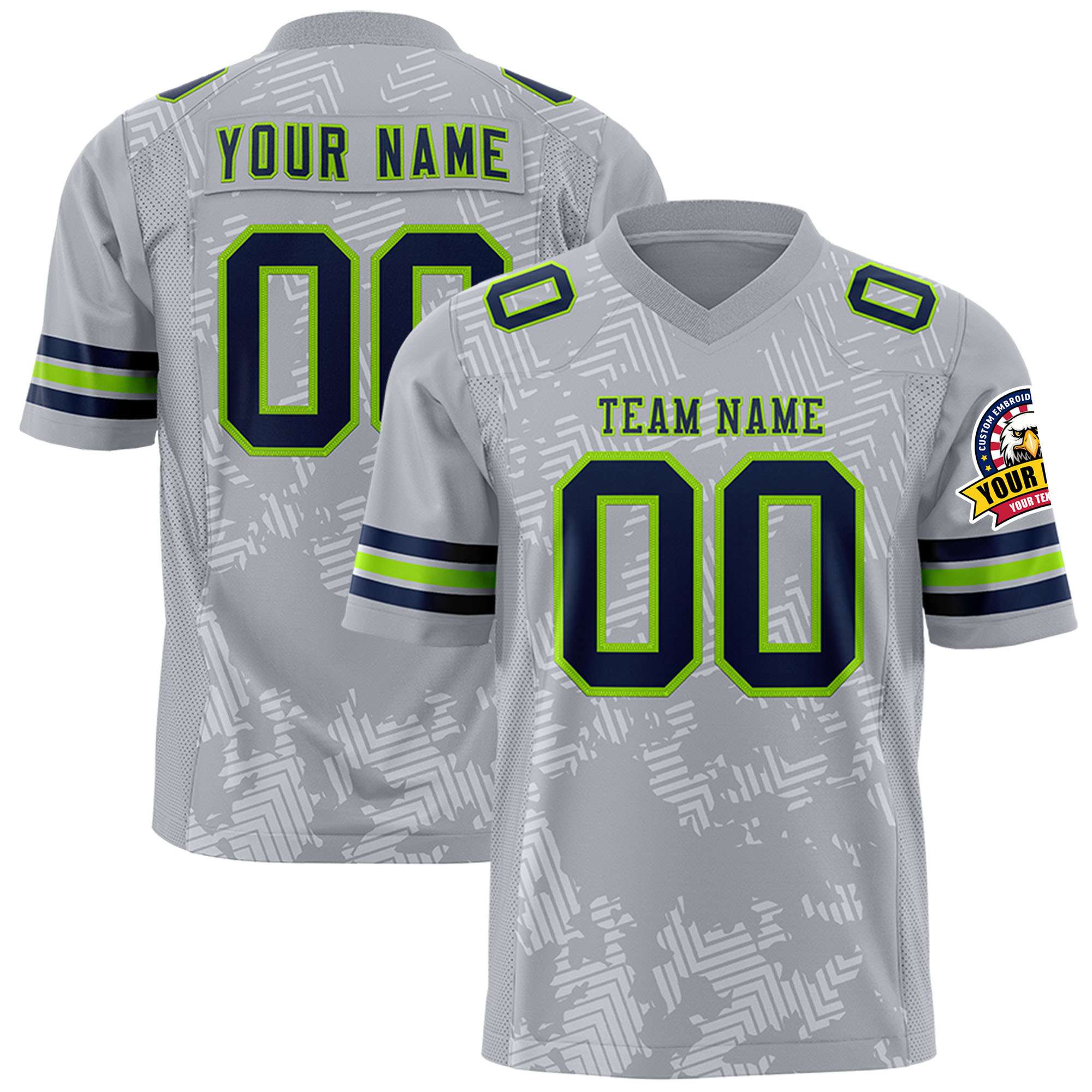 Custom Gray Navy-Neon Green Personalized Graffiti Line Design Authentic Football Jersey