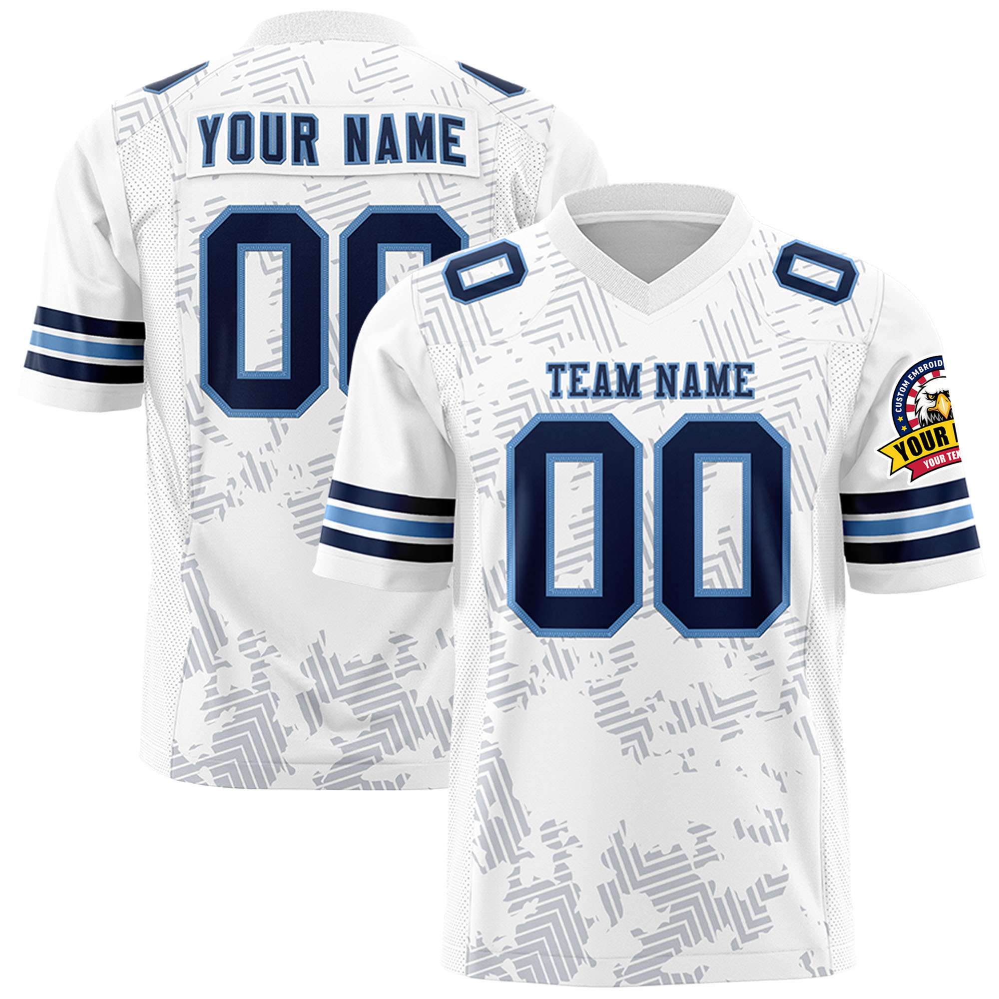 Custom White Navy-Light Blue Personalized Graffiti Line Design Authentic Football Jersey