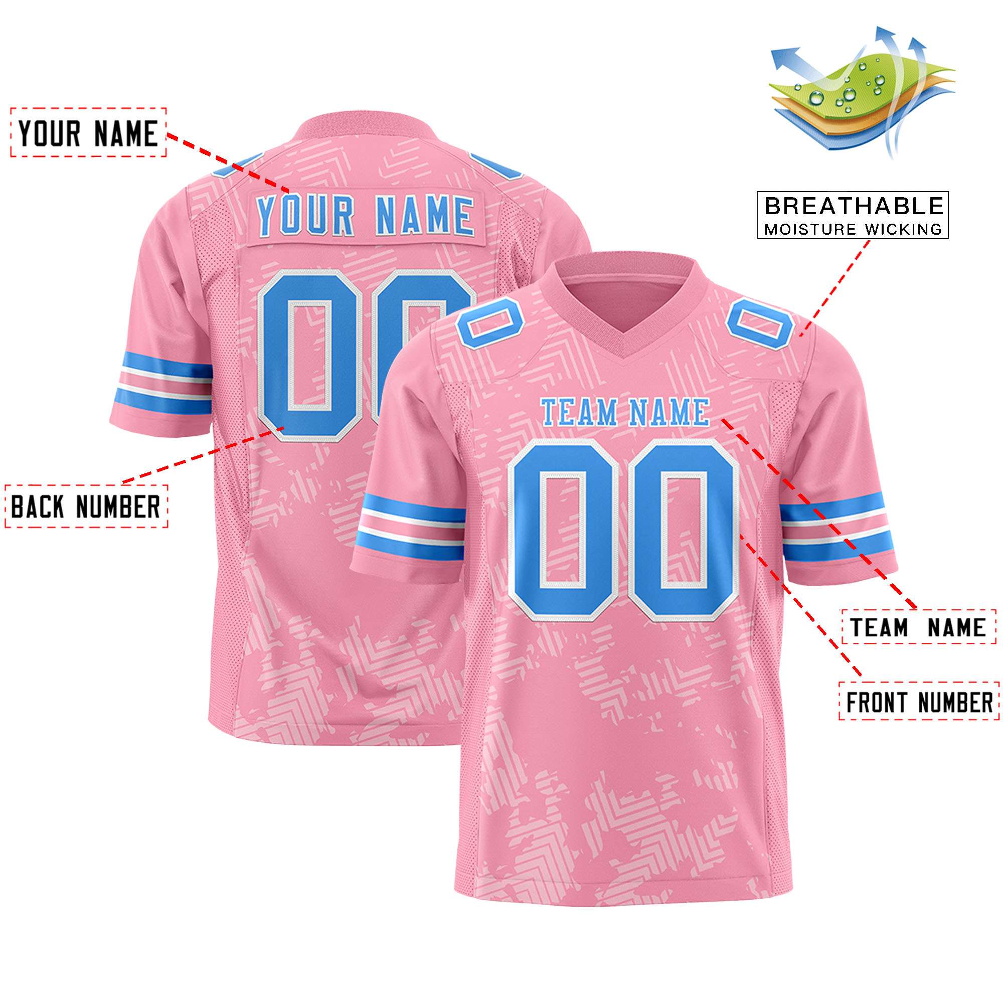 Custom Light Pink Powder Blue-White Personalized Graffiti Line Design Authentic Football Jersey