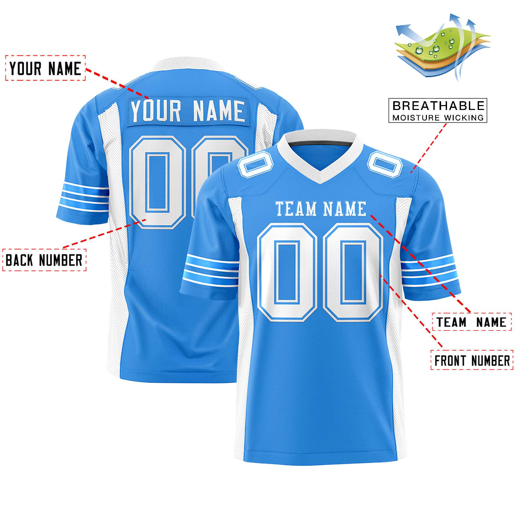 Custom Powder Blue White Personalized Insert Color Design Authentic Football Jersey